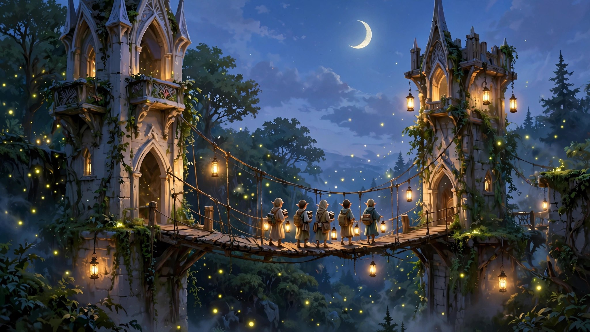Elven students crossing a lantern-lit bridge between the towers at dusk