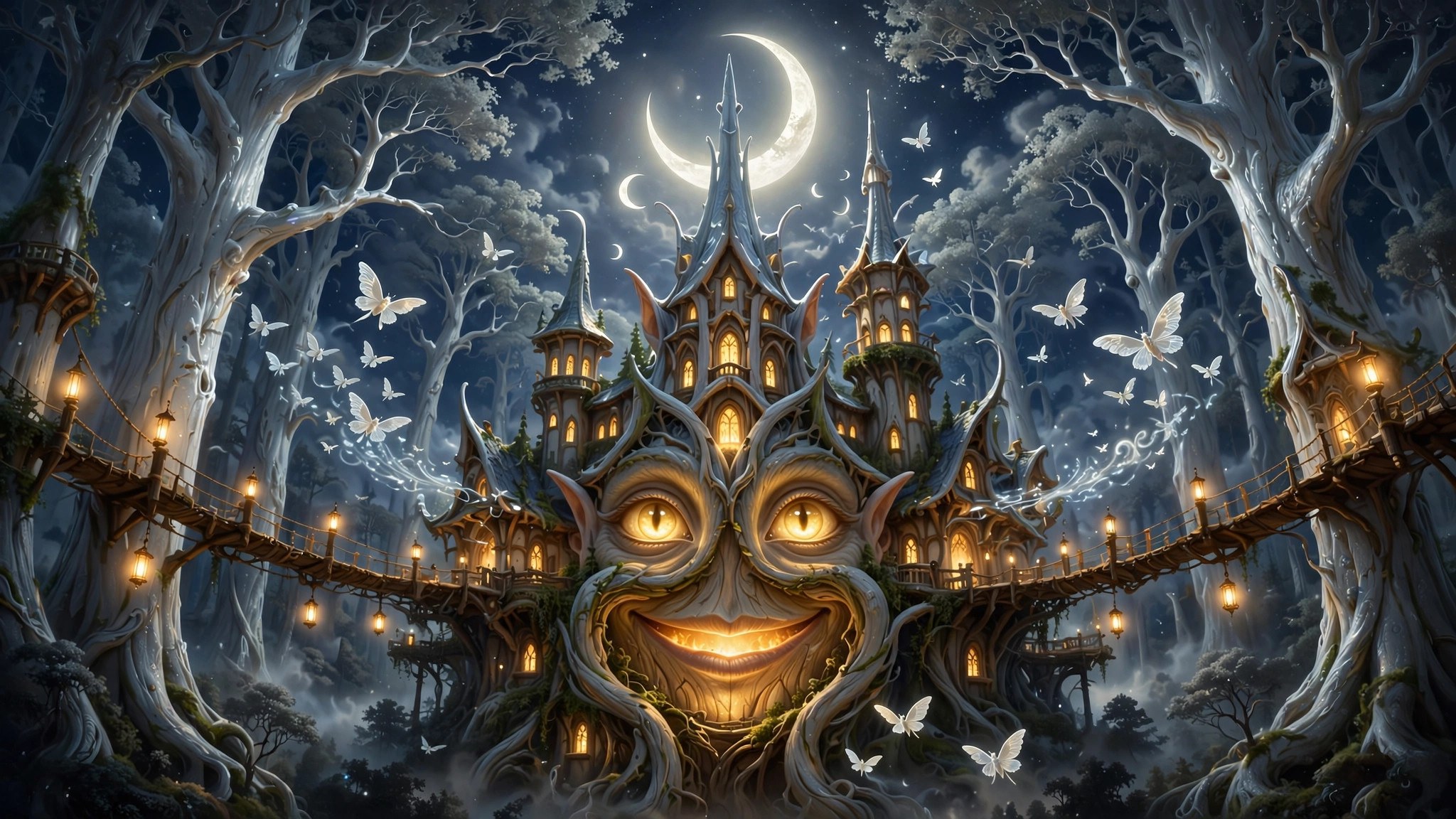 The elf school itself: moonlit towers rising among ancient silver-barked trees, AI-generated dramatization art