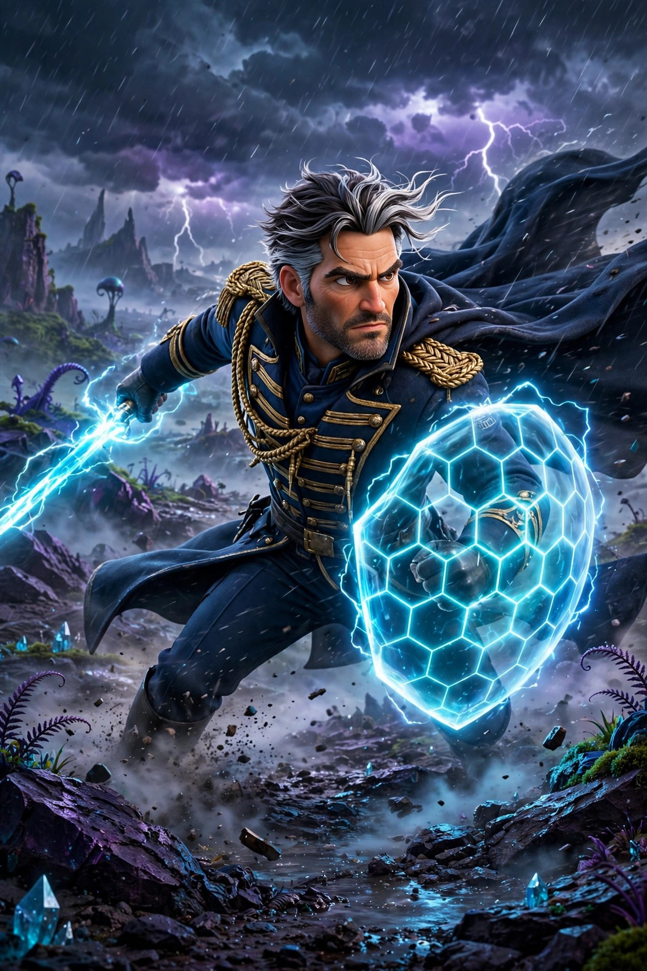 AI-generated scene of the fictional commander Elias Venn in action, energy blade ignited on an alien world