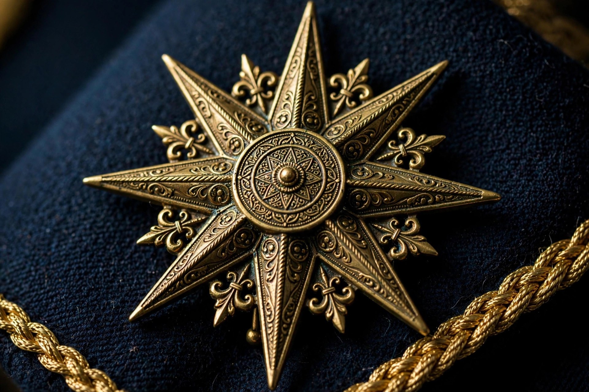 AI-generated macro of a fictional brass compass-rose insignia on uniform fabric