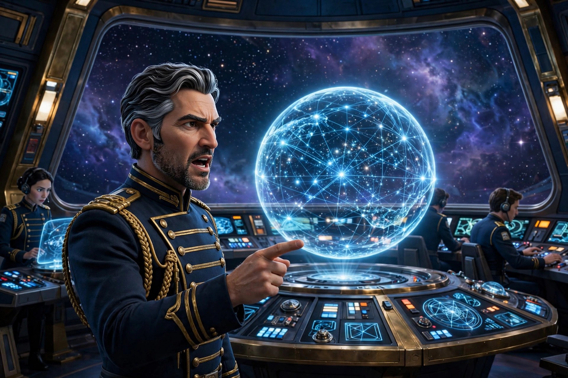 AI-generated scene of the fictional commander Elias Venn giving orders on the starship bridge