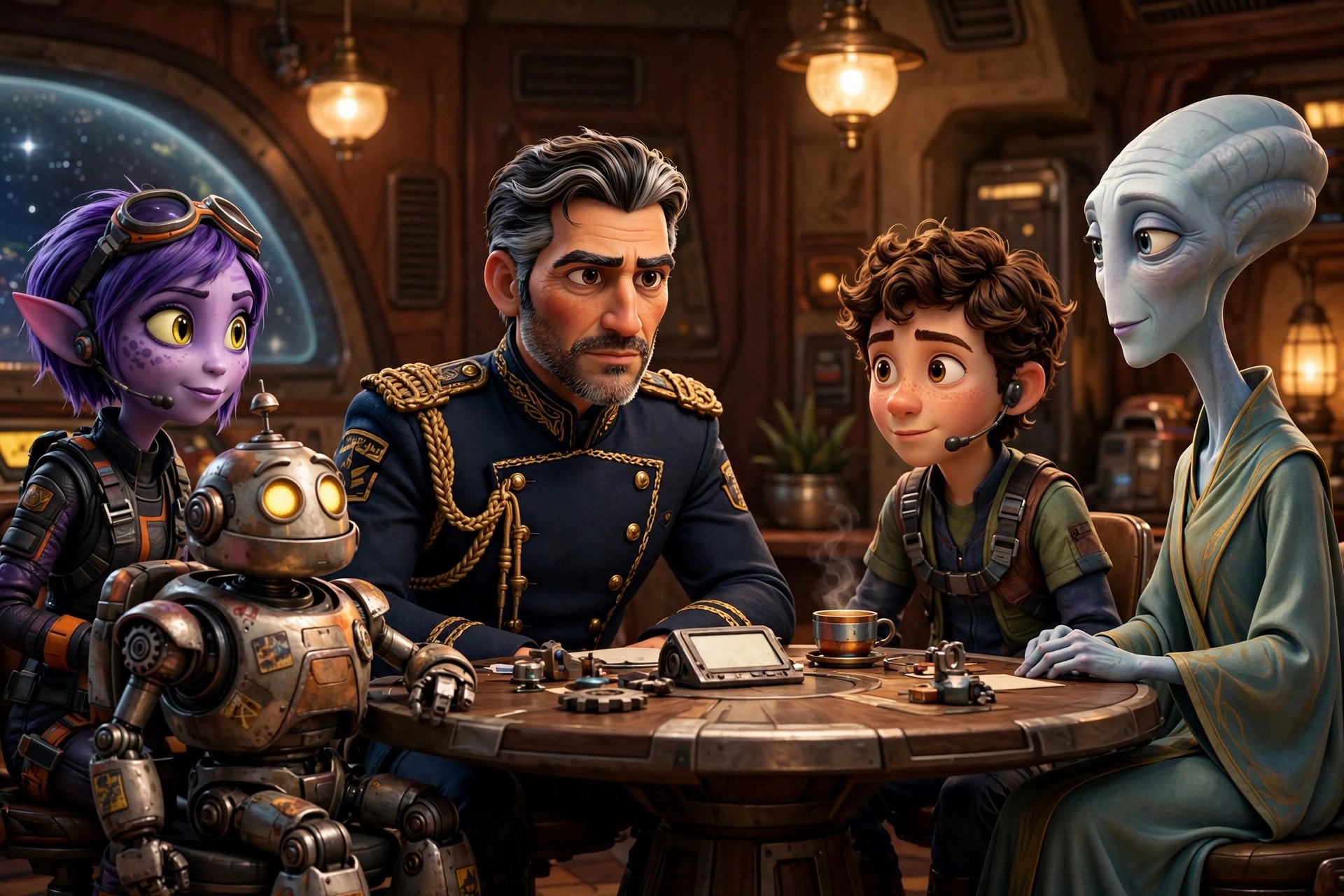 AI-generated scene of the fictional commander Elias Venn with his StarTeam crew around a war-room table