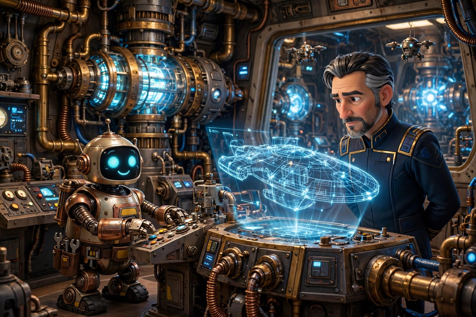 AI-generated scene of a fictional starship engineering bay with a robot engineer and the commander