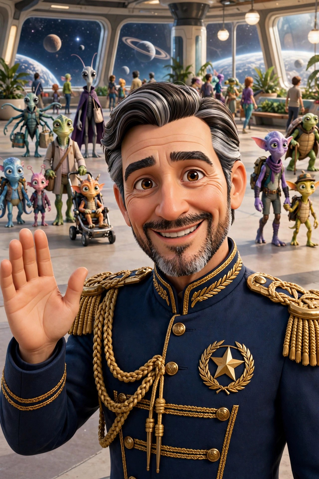 AI-generated scene of the fictional commander Elias Venn waving on a space station promenade