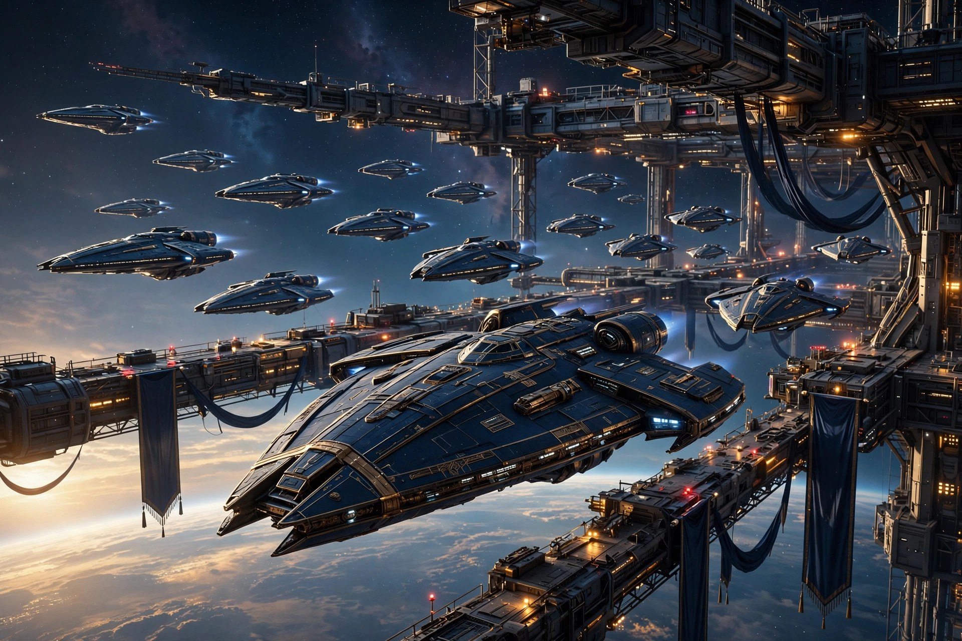 AI-generated scene of a fictional starship fleet departing an orbital dock