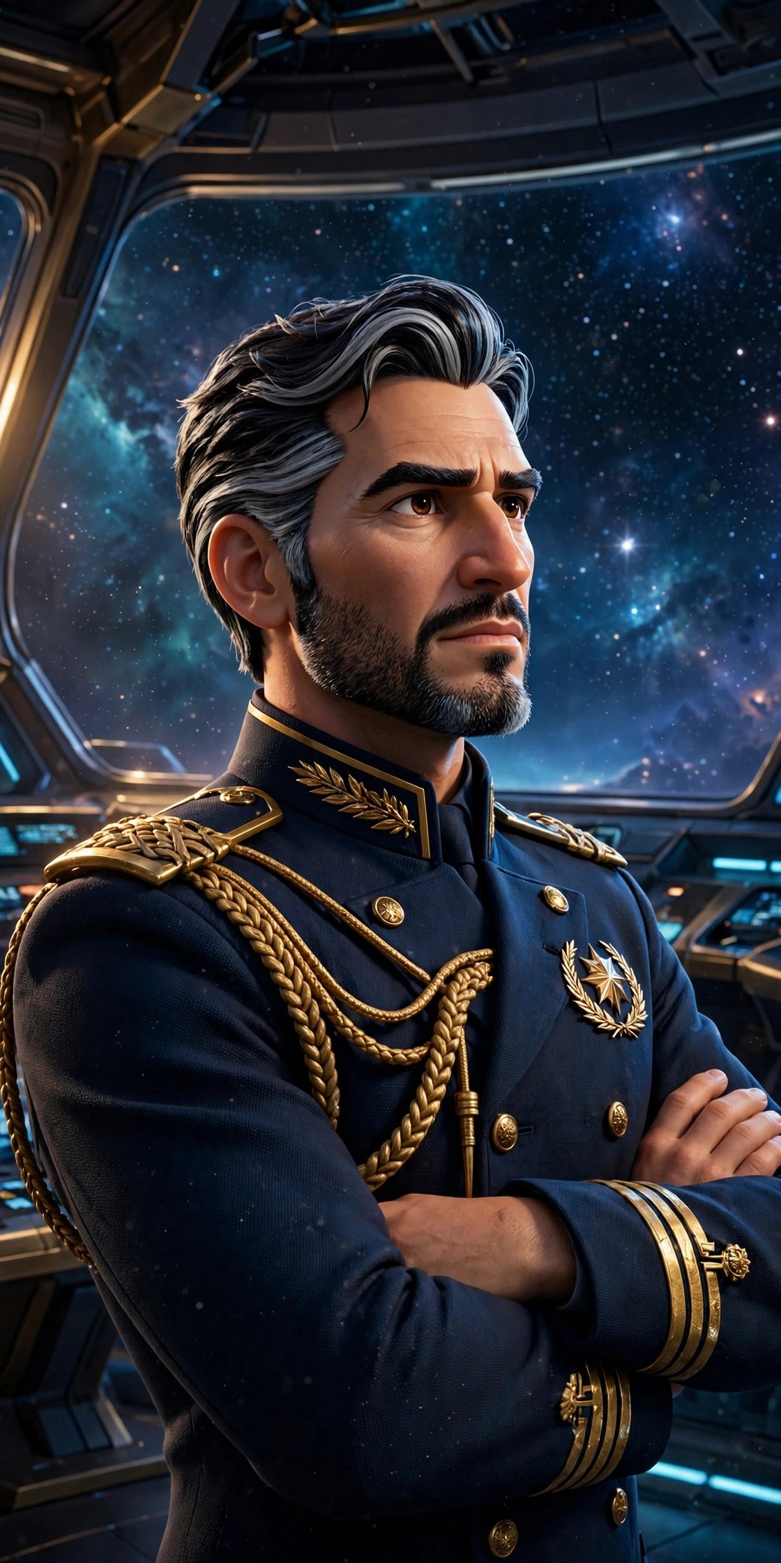 AI-generated portrait of the fictional star commander Elias Venn, arms crossed on the starship bridge