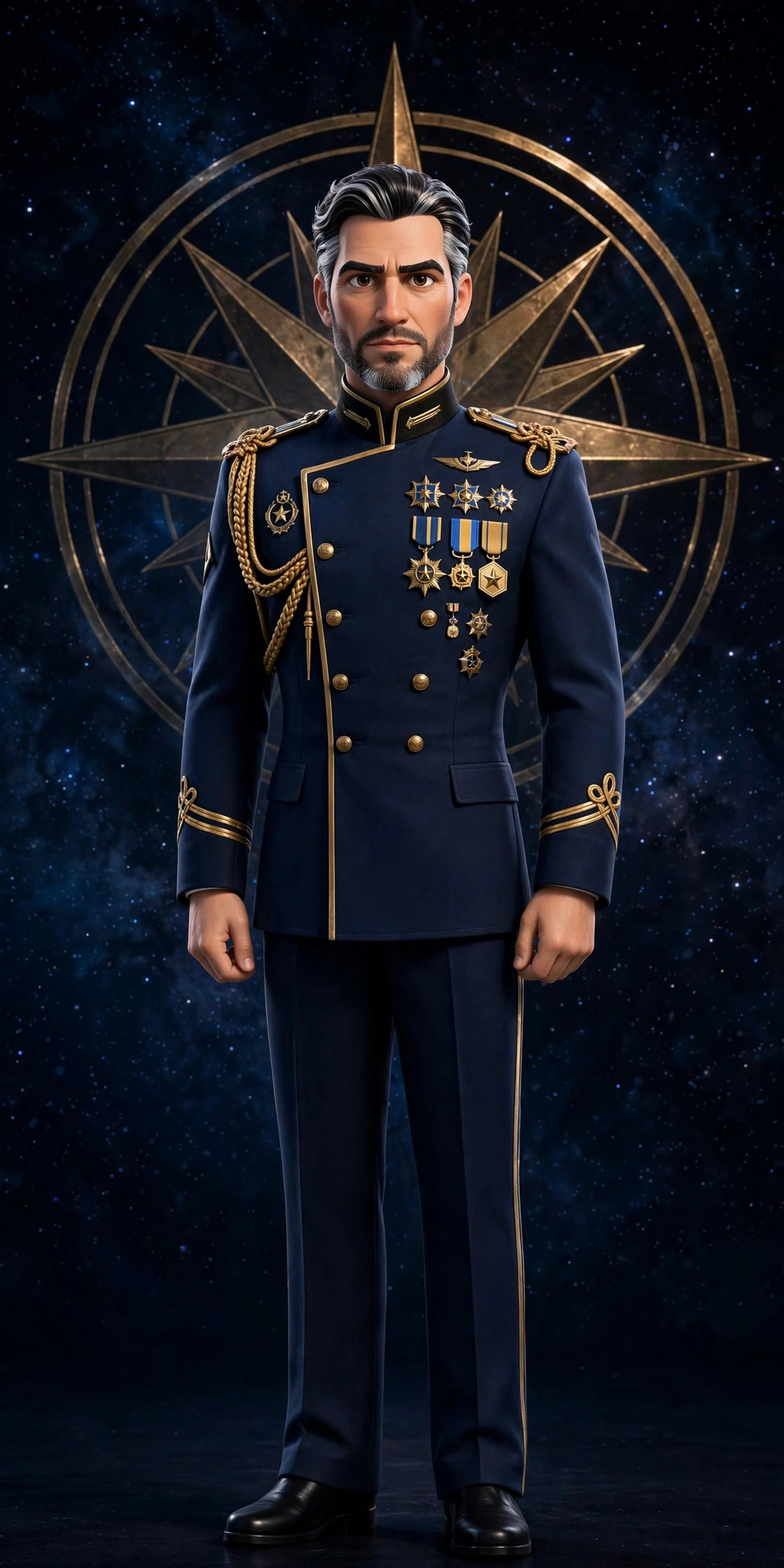 AI-generated formal portrait of the fictional star commander Elias Venn in dress uniform