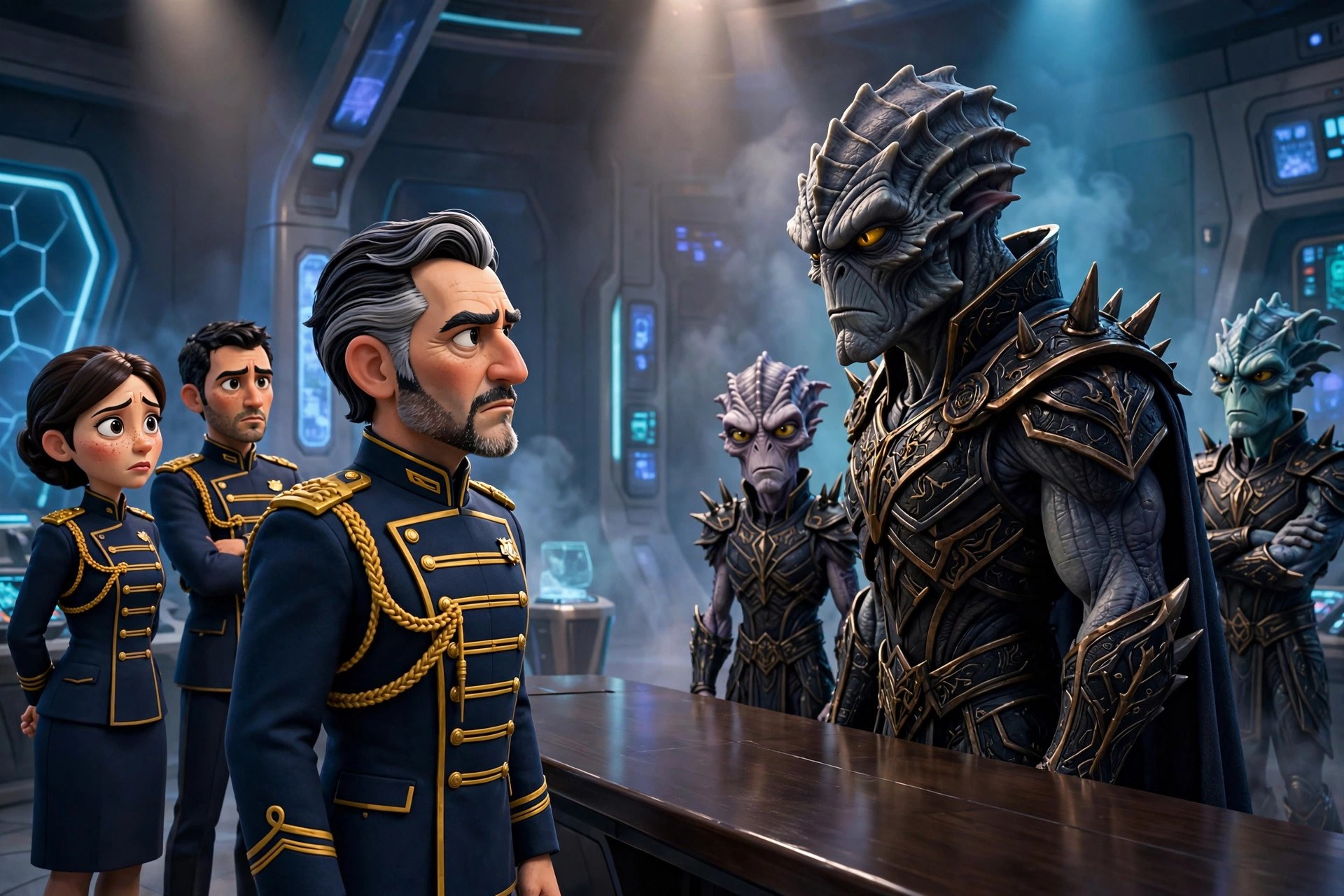 AI-generated scene of the fictional commander Elias Venn facing an alien warlord across a table