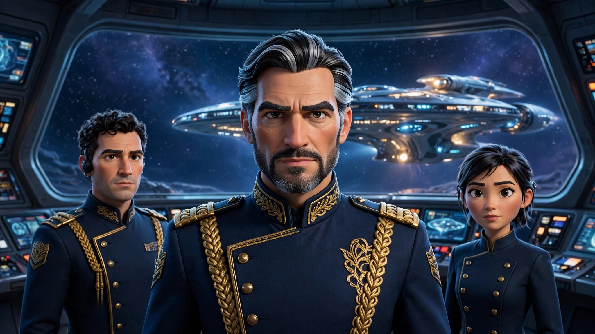 AI-generated banner of the fictional commander Elias Venn on the bridge with crew