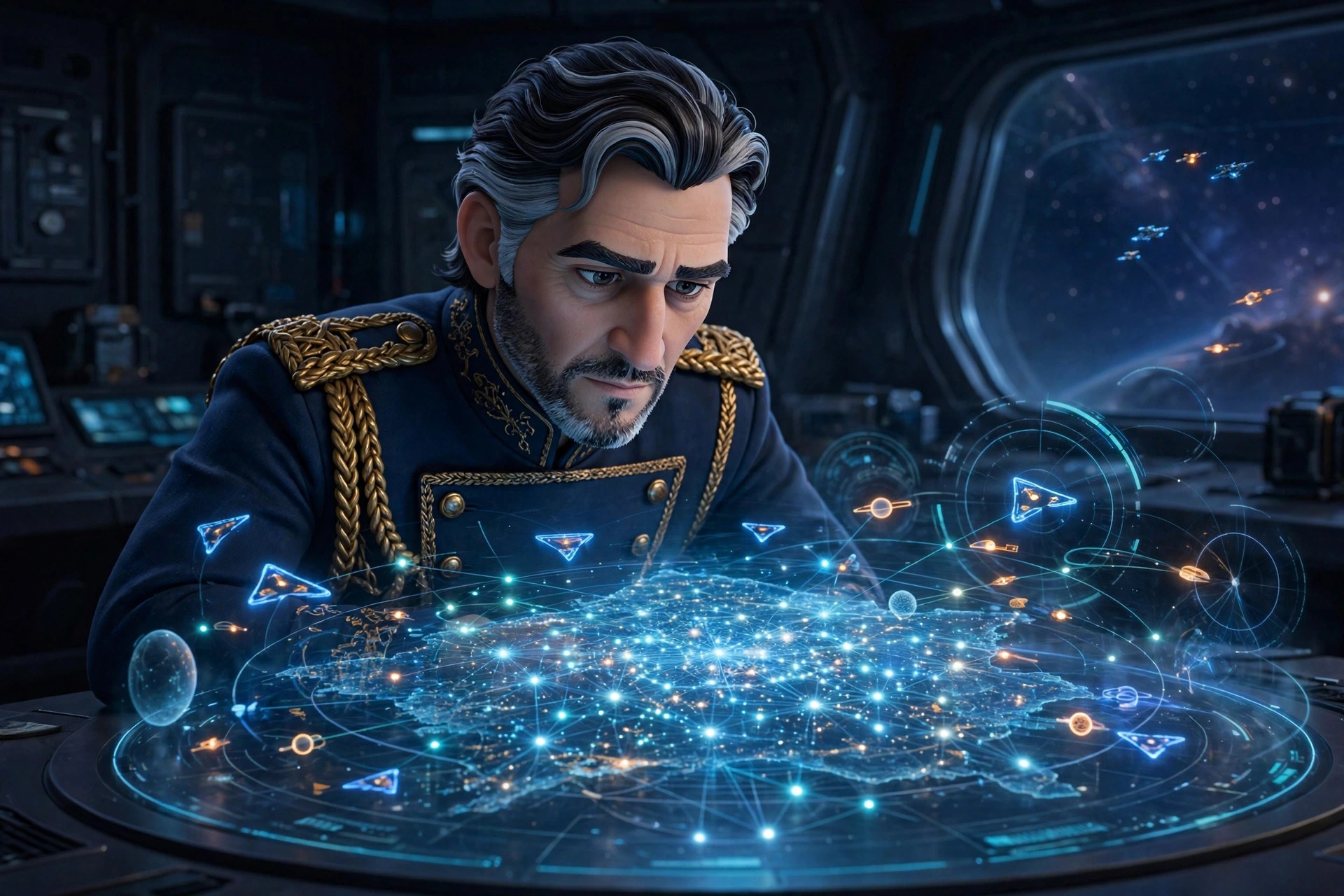AI-generated scene of the fictional commander Elias Venn studying a holographic tactical star map