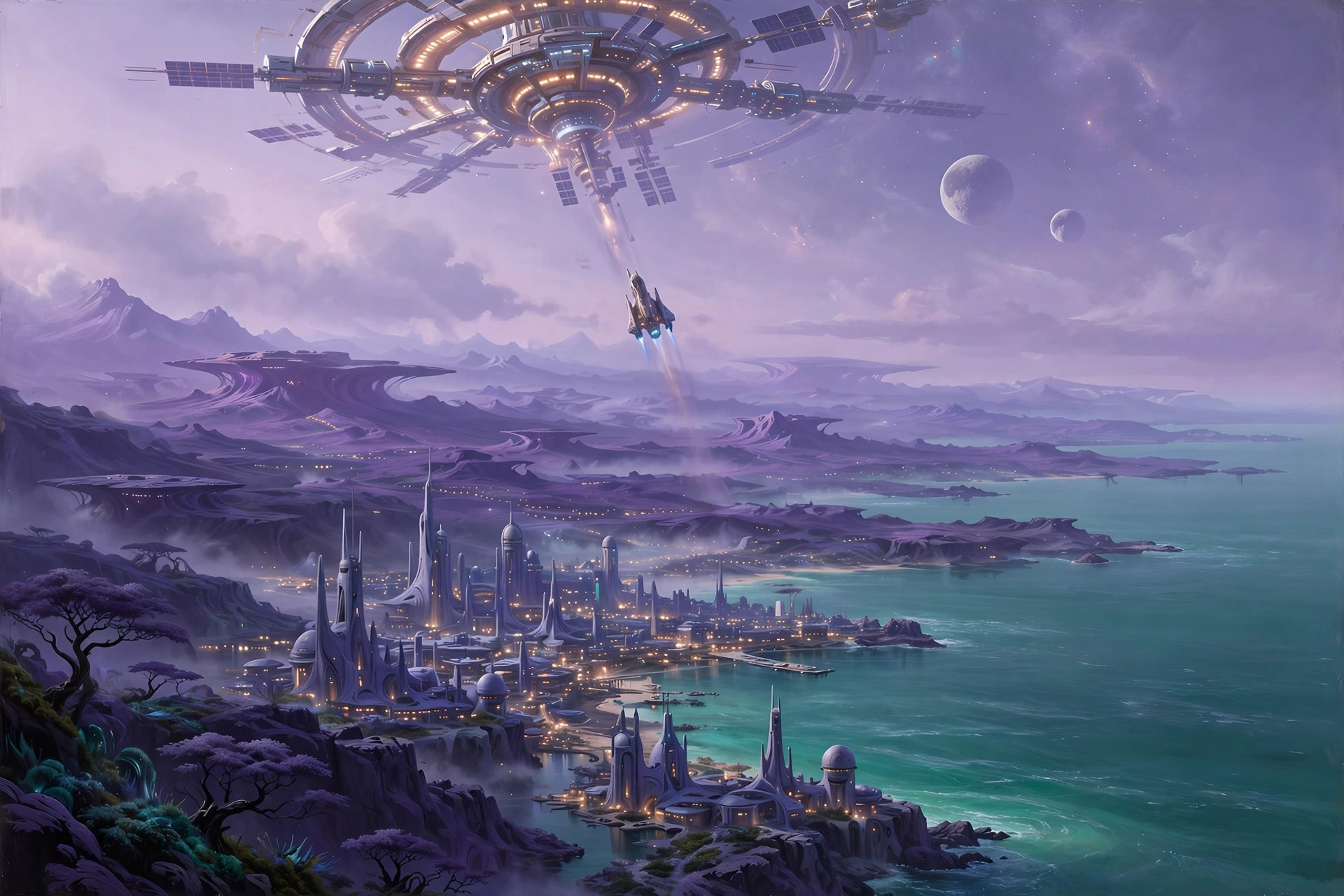 AI-generated vista of a fictional alien world with a space station and shuttle craft