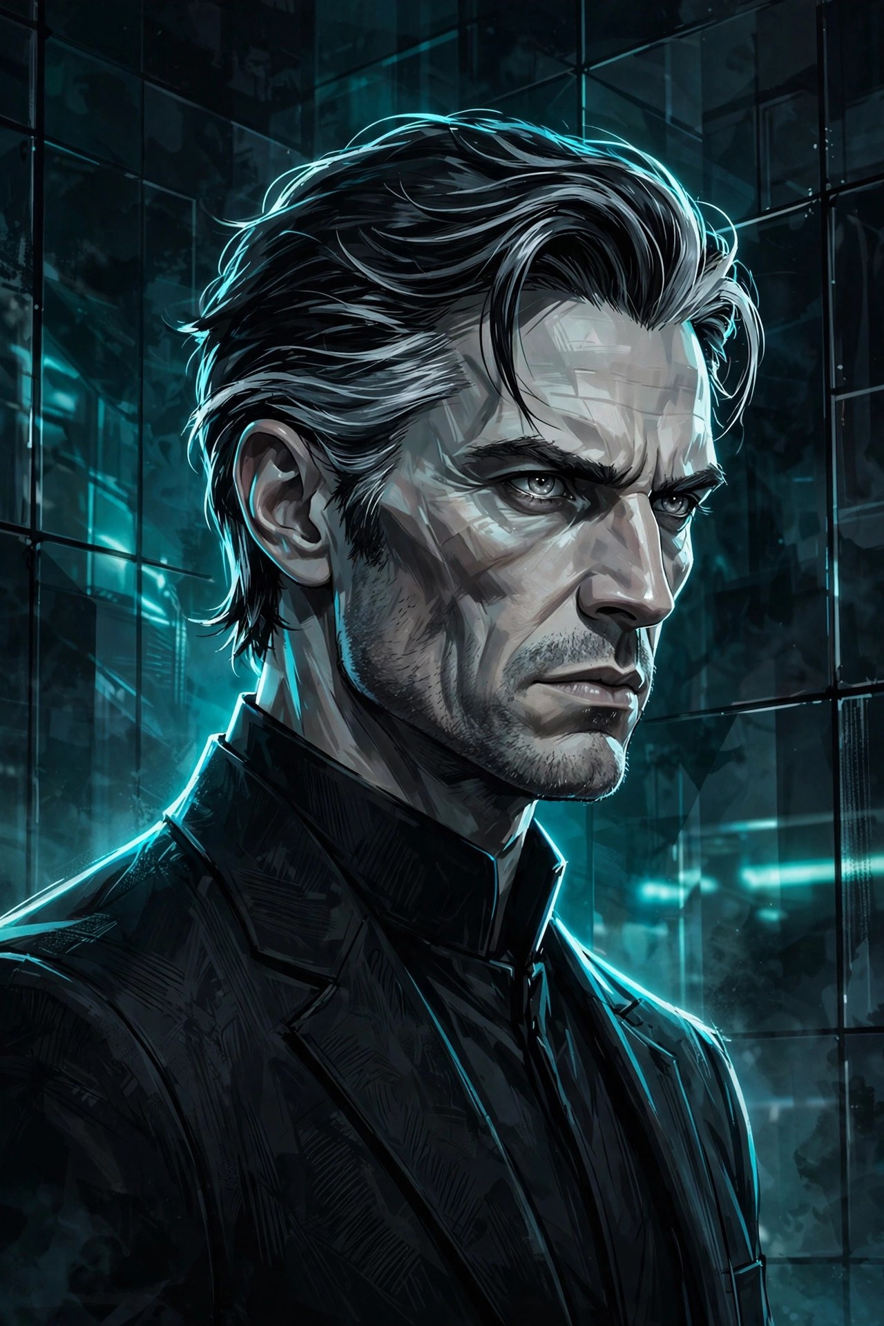 AI-generated stylized illustration of the fictional Elias Wren: silver-streaked dark hair, pale gray eyes, black mandarin-collar suit, cyan rim light