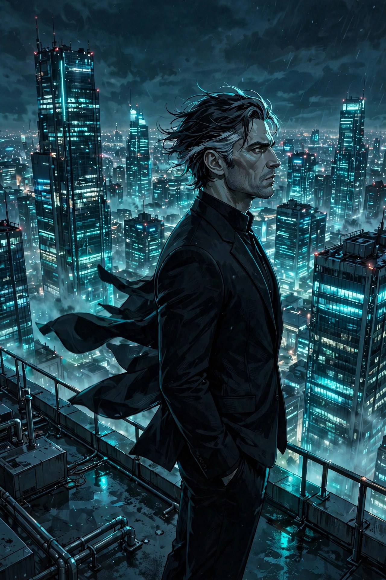 AI-generated scene: the fictional Elias Wren on a rooftop above the night city