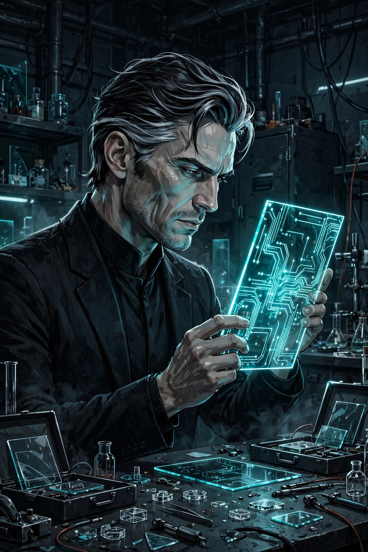 AI-generated scene: the fictional Elias Wren examining a glowing smart-glass prototype in a dim laboratory