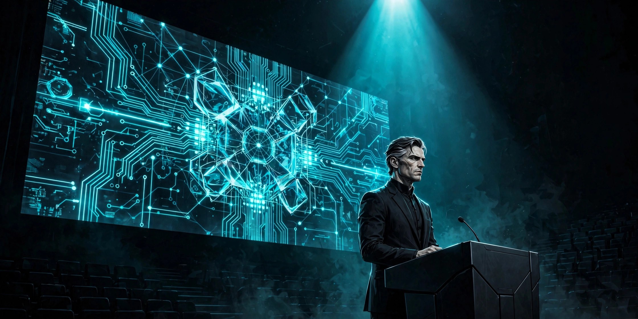 AI-generated stylized illustration of the fictional Elias Wren at a dark keynote stage, giant glowing glass screen behind him