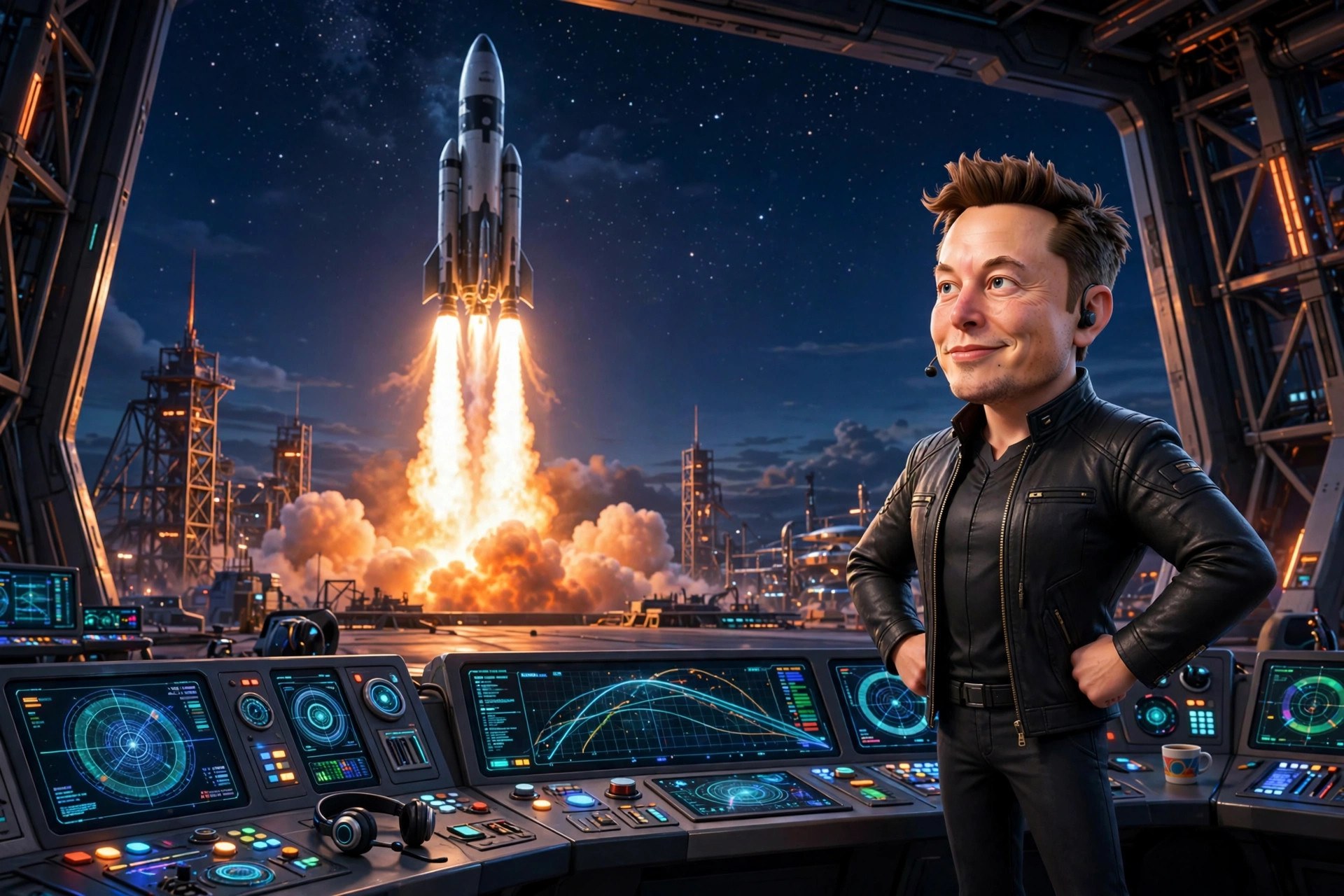 AI-generated illustration of the animated Elon Musk character on a mission-control stage in the Vizlings character style