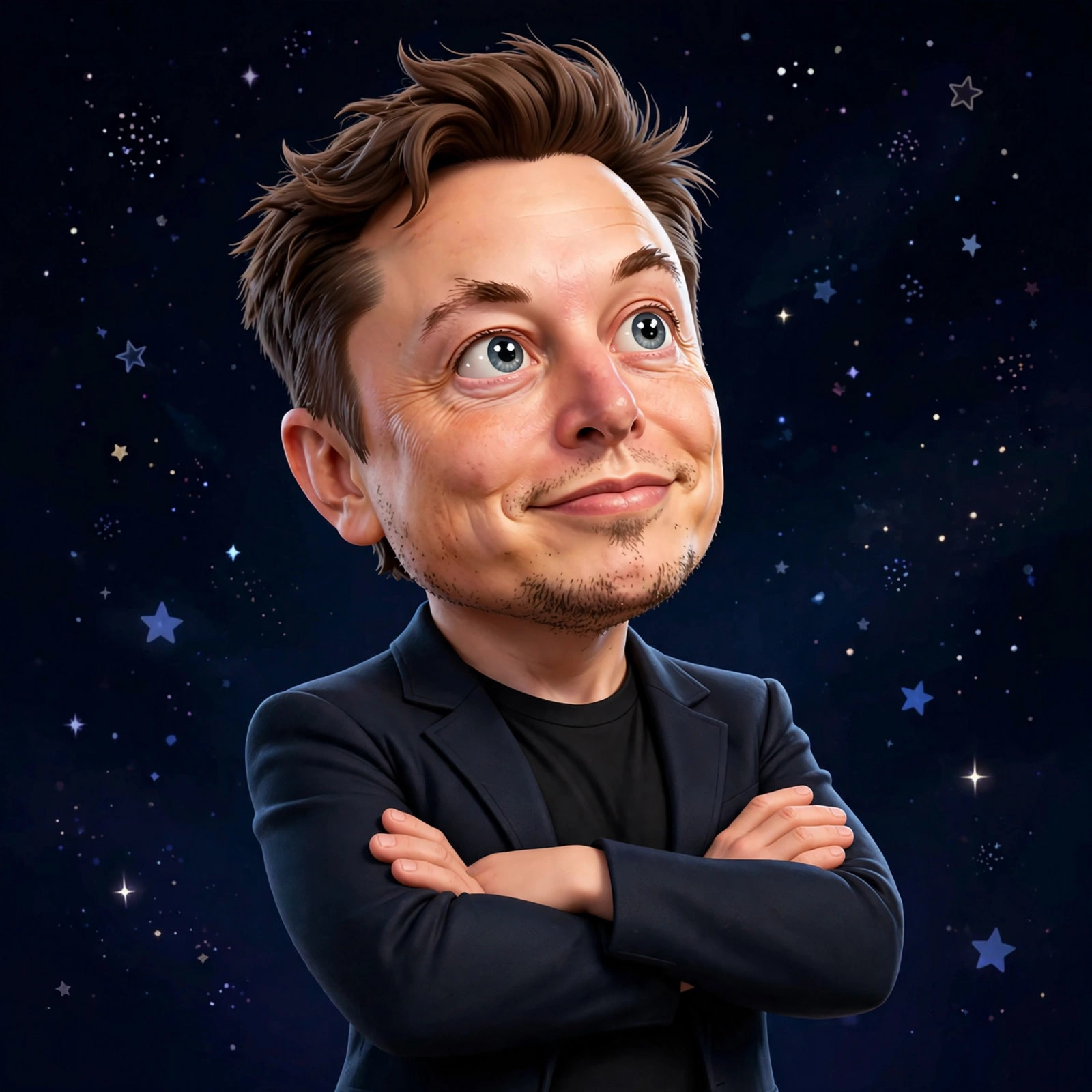 AI-generated portrait of the animated Elon Musk character in the Vizlings character style