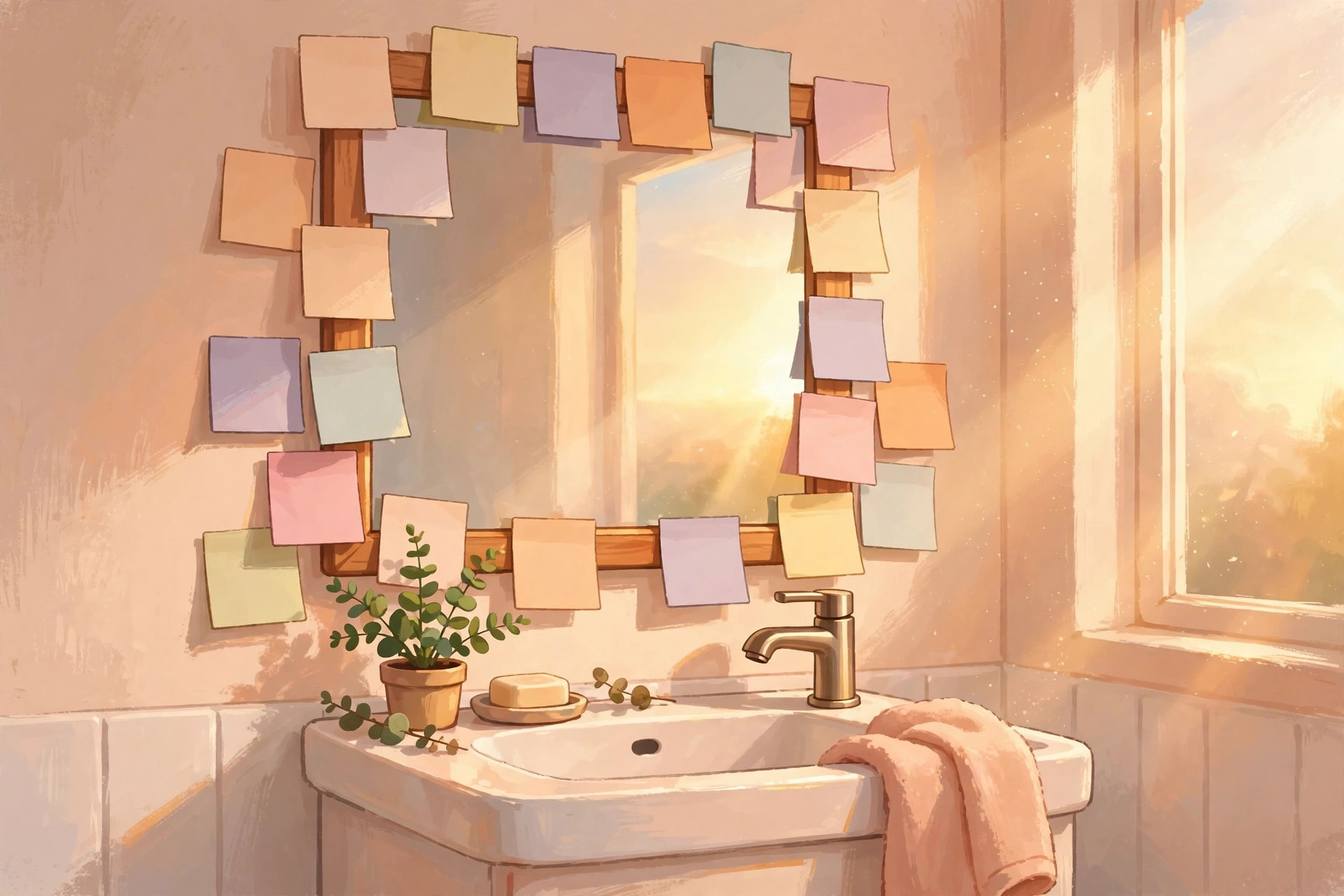 AI-generated illustration of sticky notes with kind words on a sunny mirror