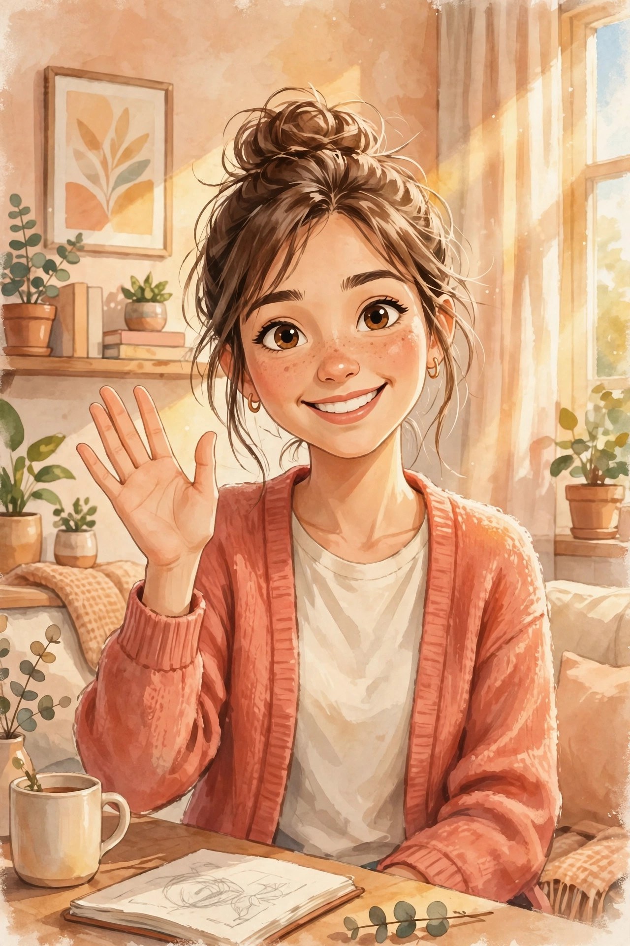 AI-generated illustration of Emma Lane with a friendly 'ask me anything' wave in warm light