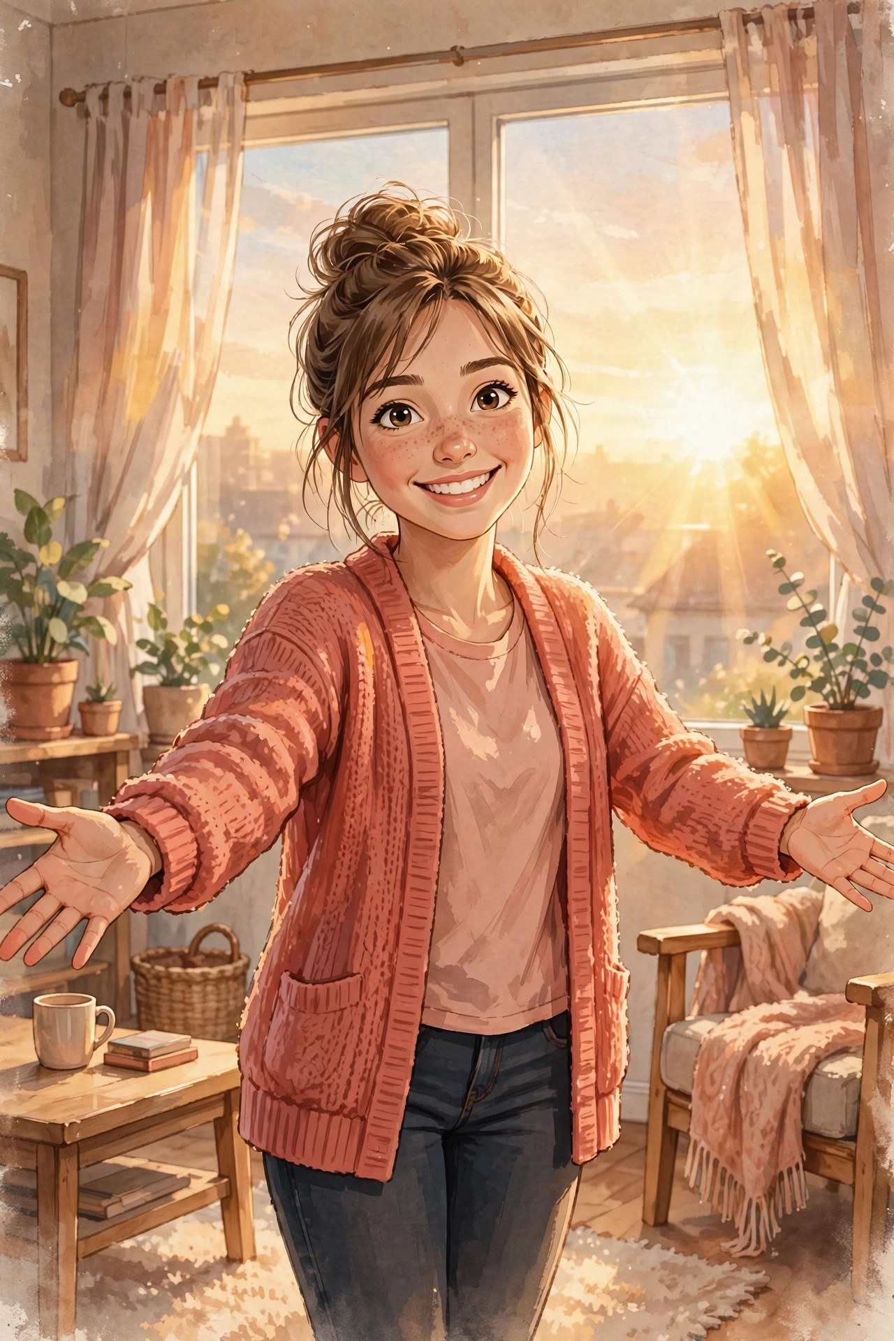AI-generated illustration of Emma Lane, a cheerful fictional animated young woman, smiling in warm golden morning light