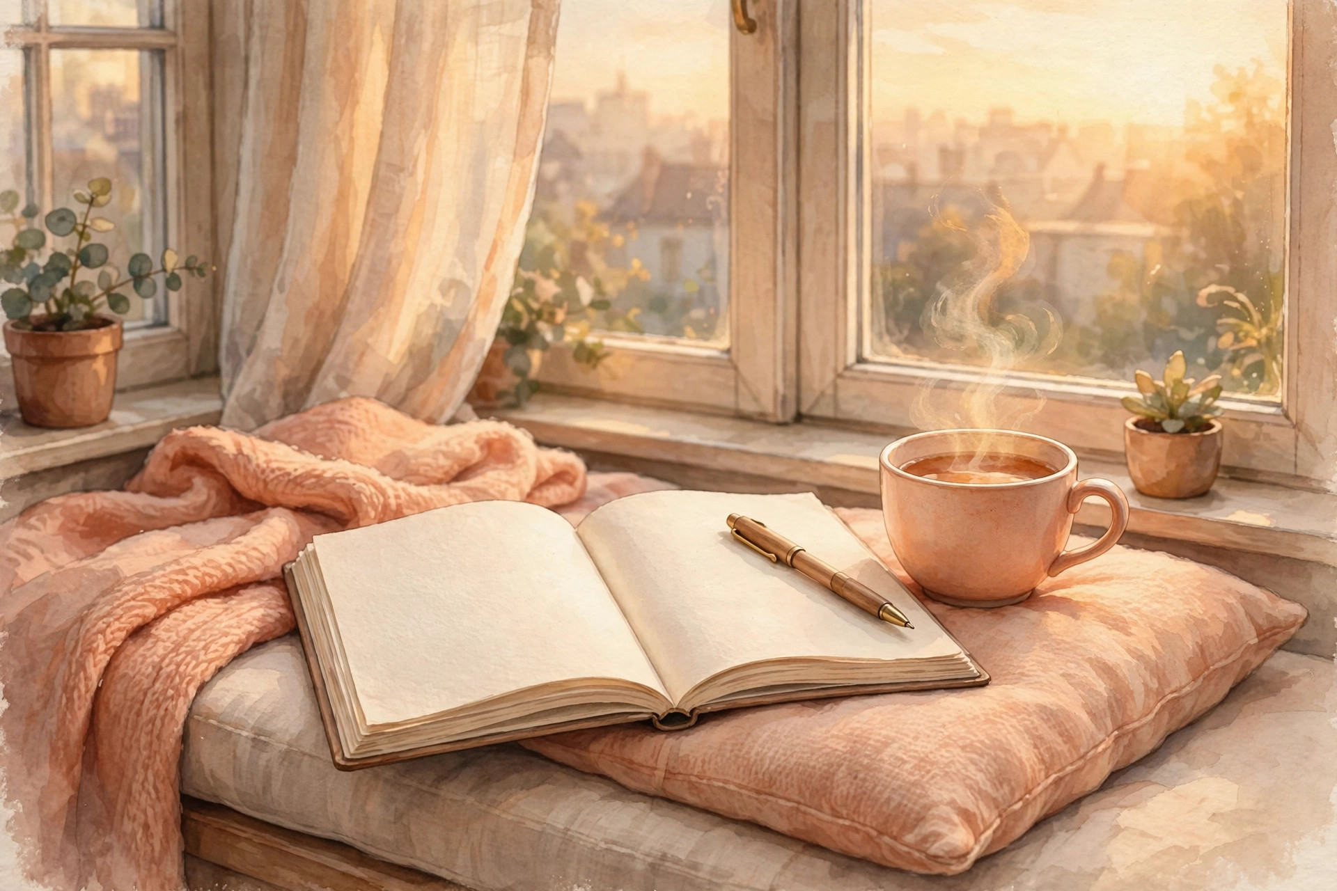 AI-generated illustration of a journal, pen, and tea in a cozy window seat at golden hour