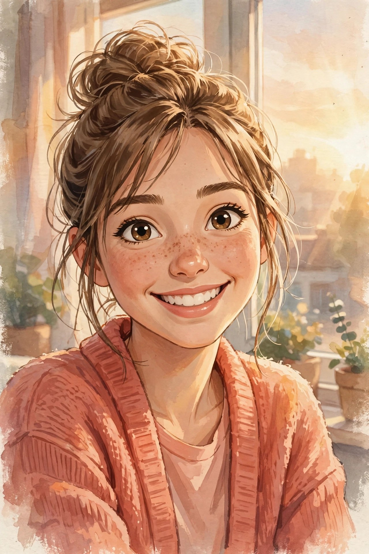 AI-generated portrait of Emma Lane, a cheerful fictional animated young woman with a messy bun, in warm sunrise light