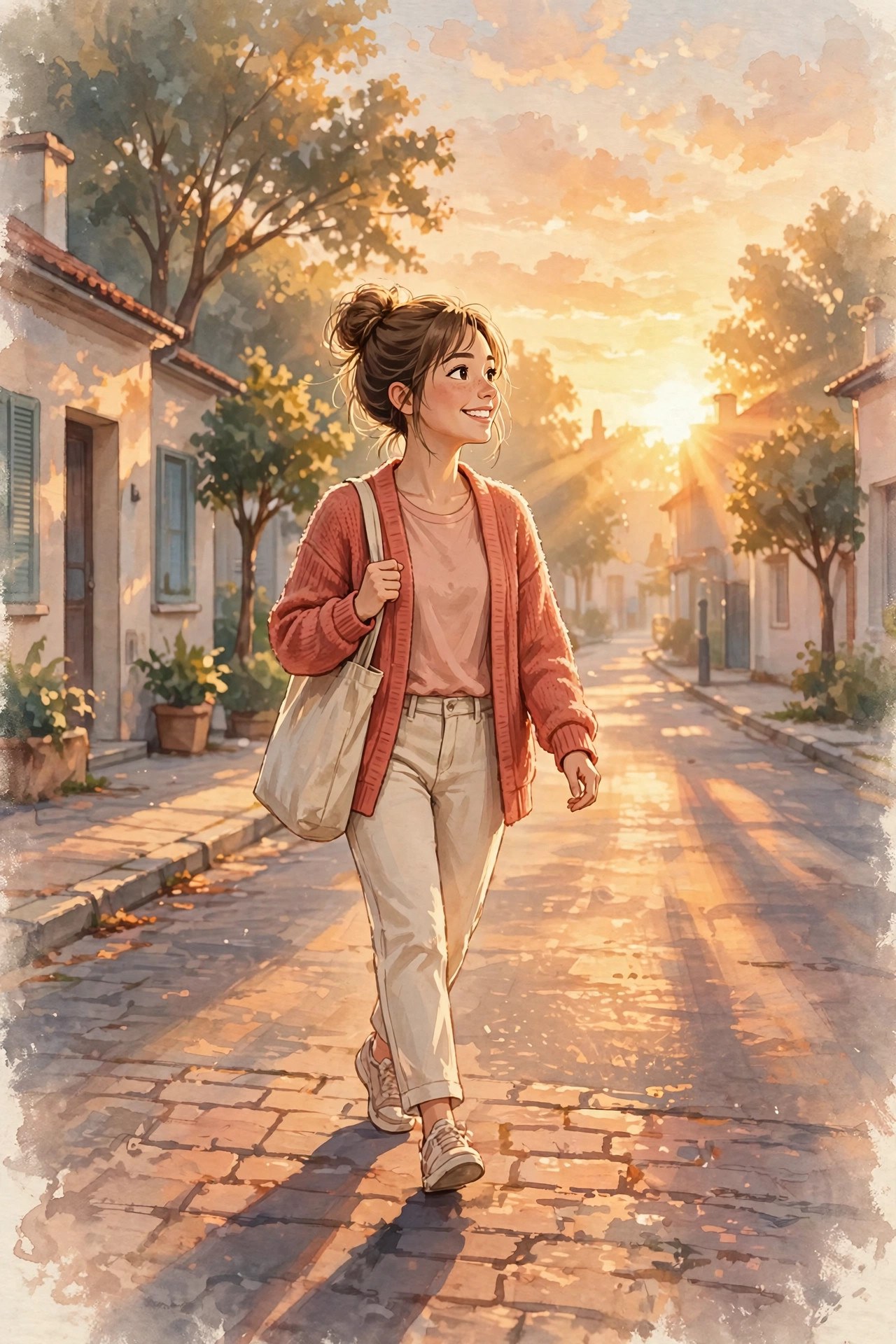 AI-generated illustration of Emma Lane walking toward a sunrise, optimistic and unhurried