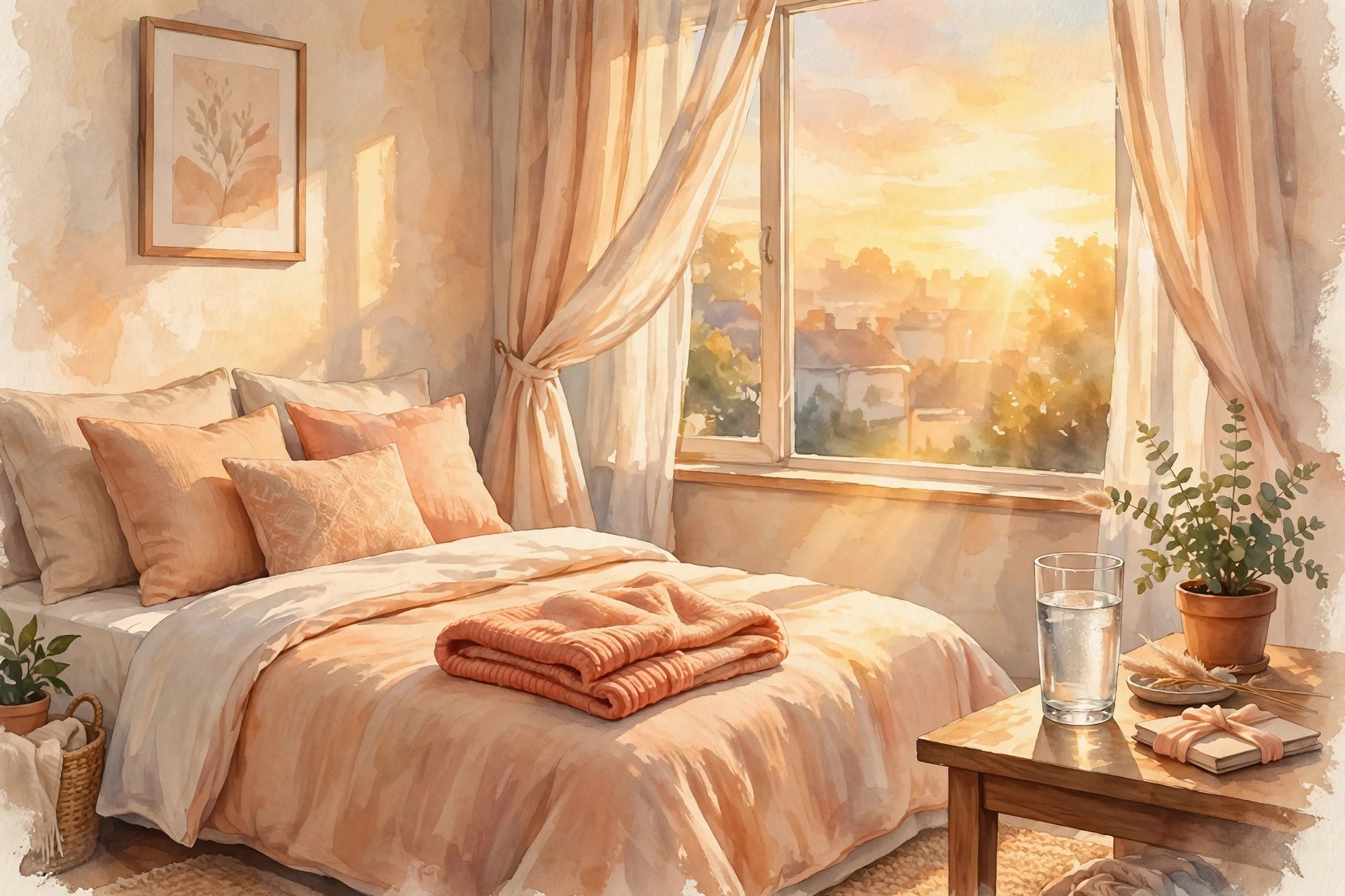AI-generated illustration of a sunny morning routine: water glass, open curtains, and a made bed in warm light
