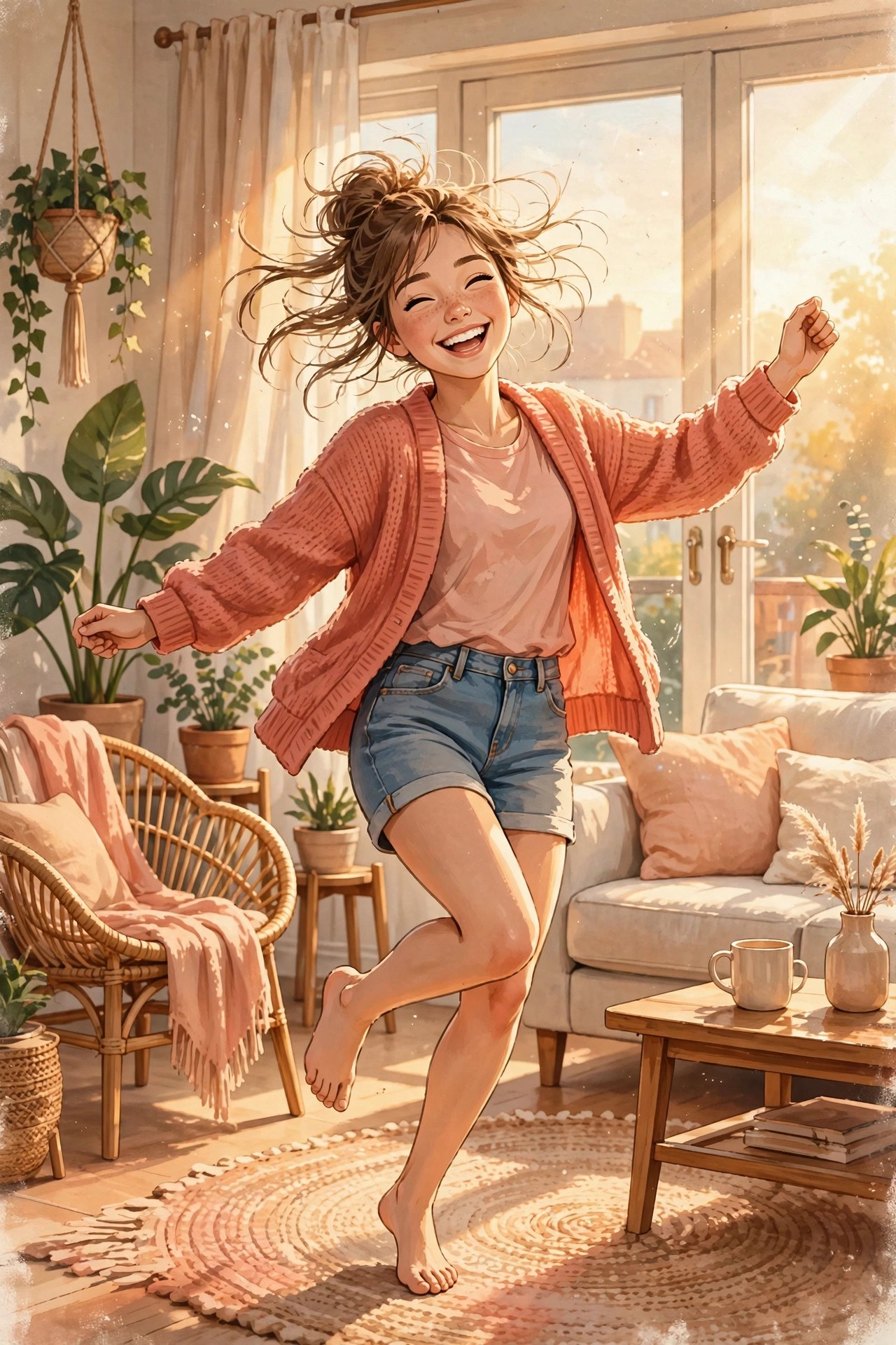 AI-generated illustration of Emma Lane dancing joyfully in a sunlit living room