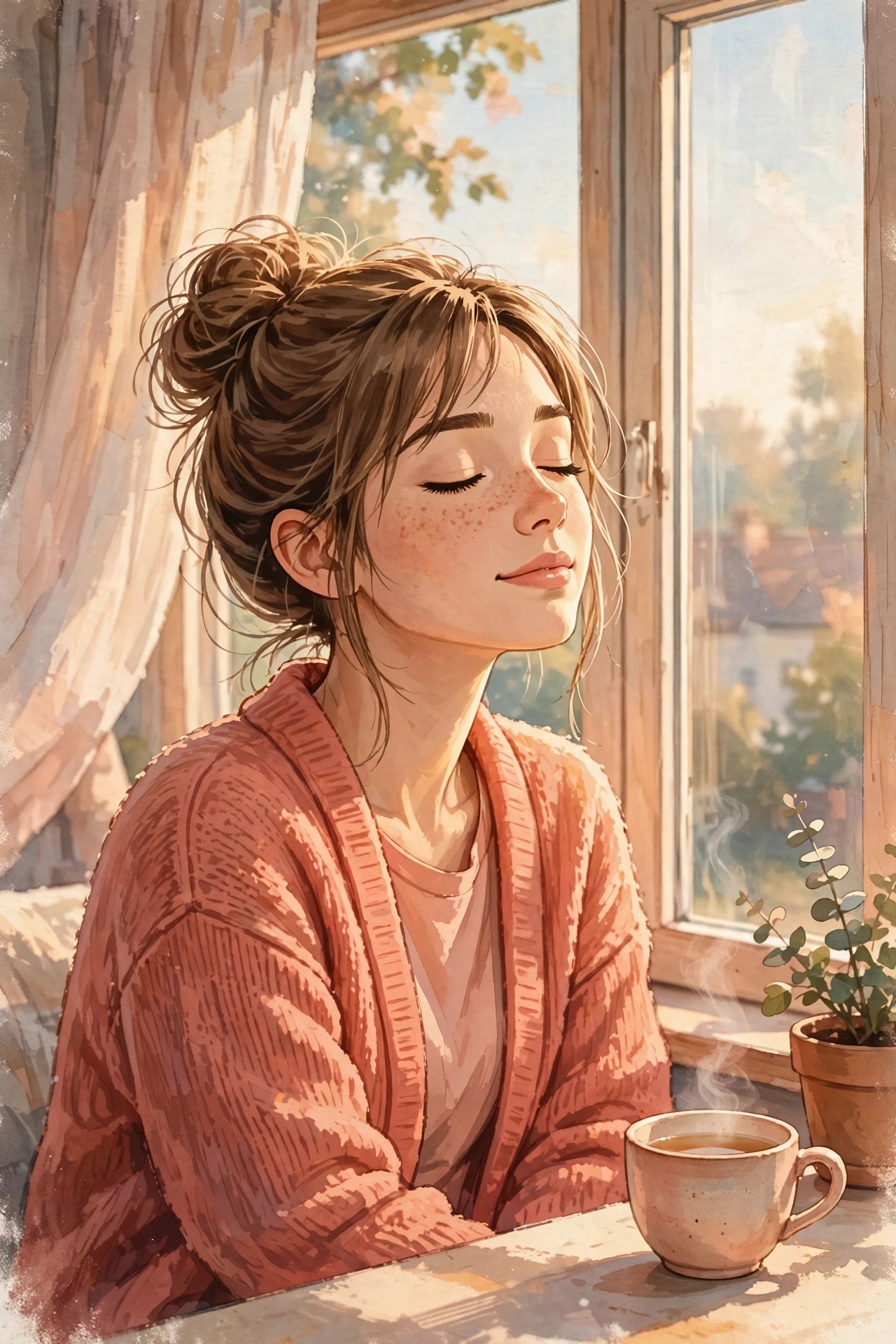 AI-generated illustration of Emma Lane taking a deep breath by an open window, afternoon light, fresh start mood