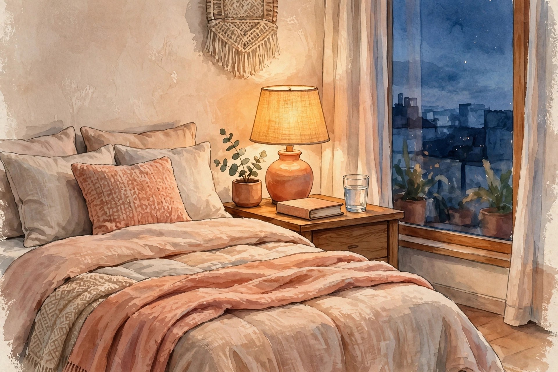 AI-generated illustration of a calm cozy bedroom at dusk, soft lamp glow, inviting rest