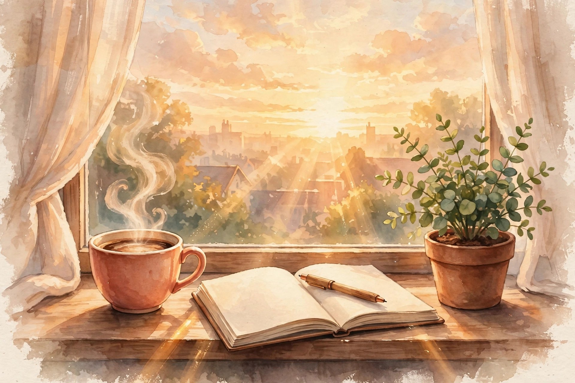 AI-generated illustration of a bright sunrise over a cozy morning scene: coffee, notebook, and an open window