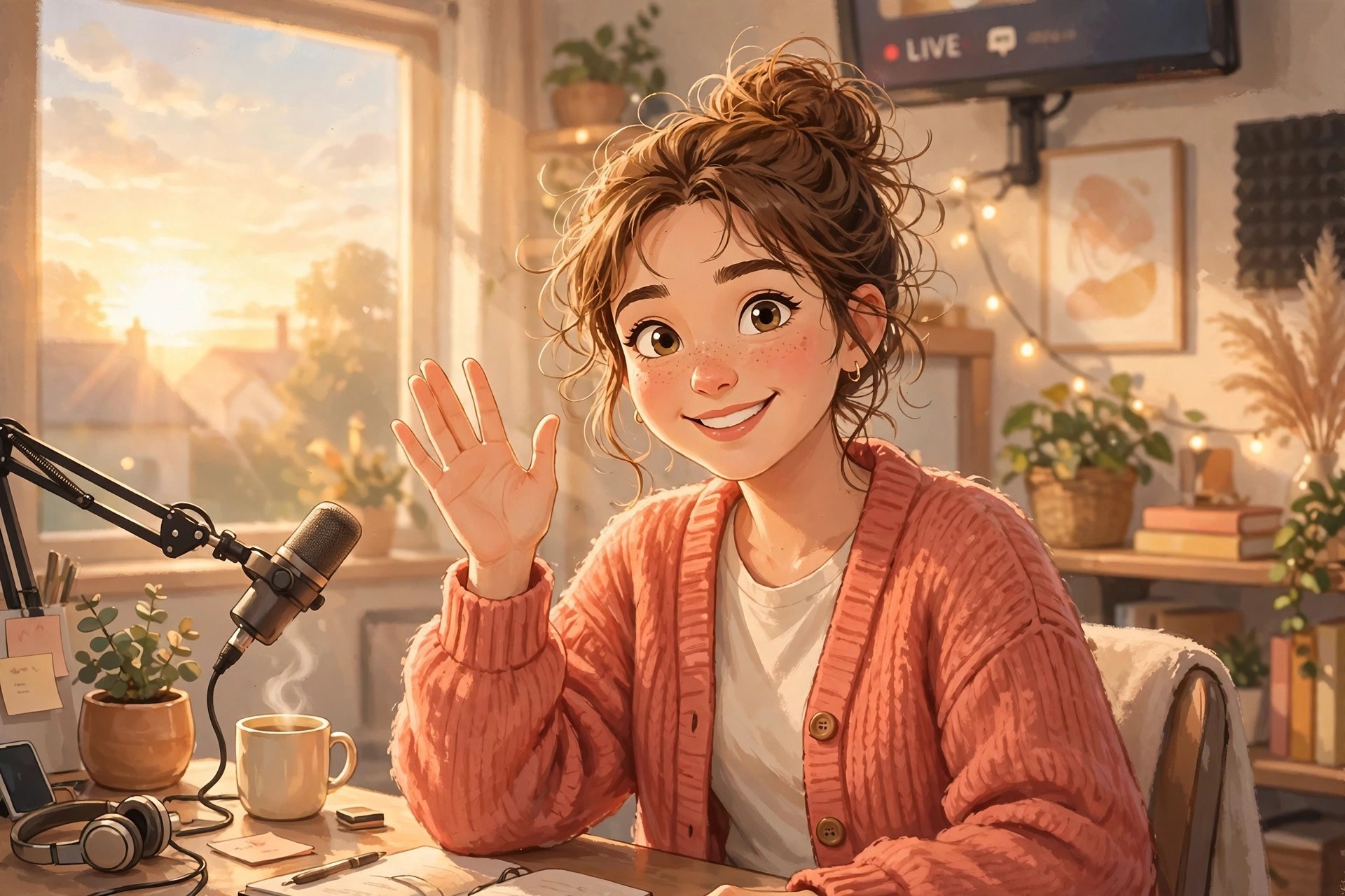 AI-generated banner art of Emma Lane waving hello in a bright sunrise studio, streaming setup