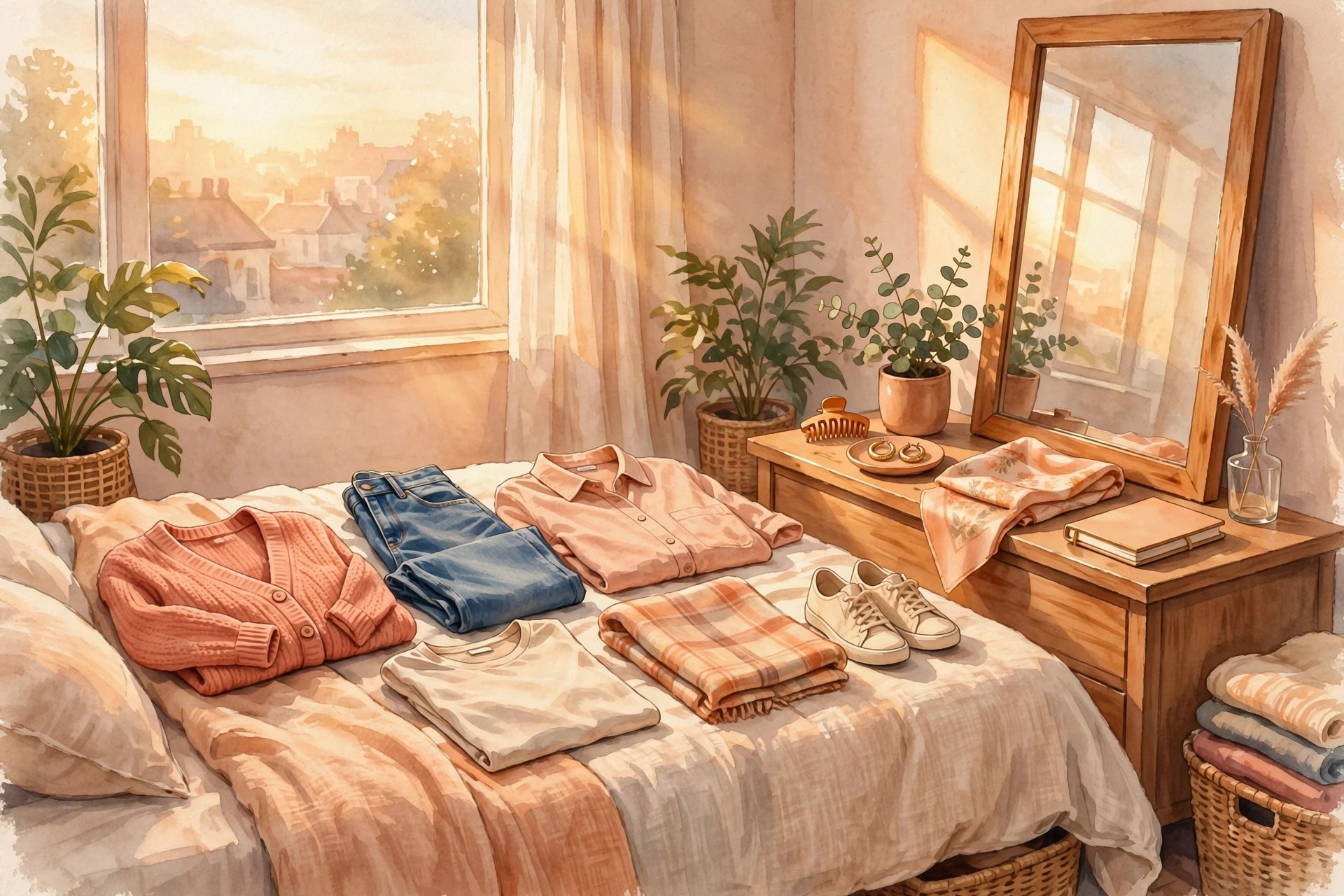 AI-generated illustration of a cheerful wardrobe edit: favorite outfits laid out in warm sunlight