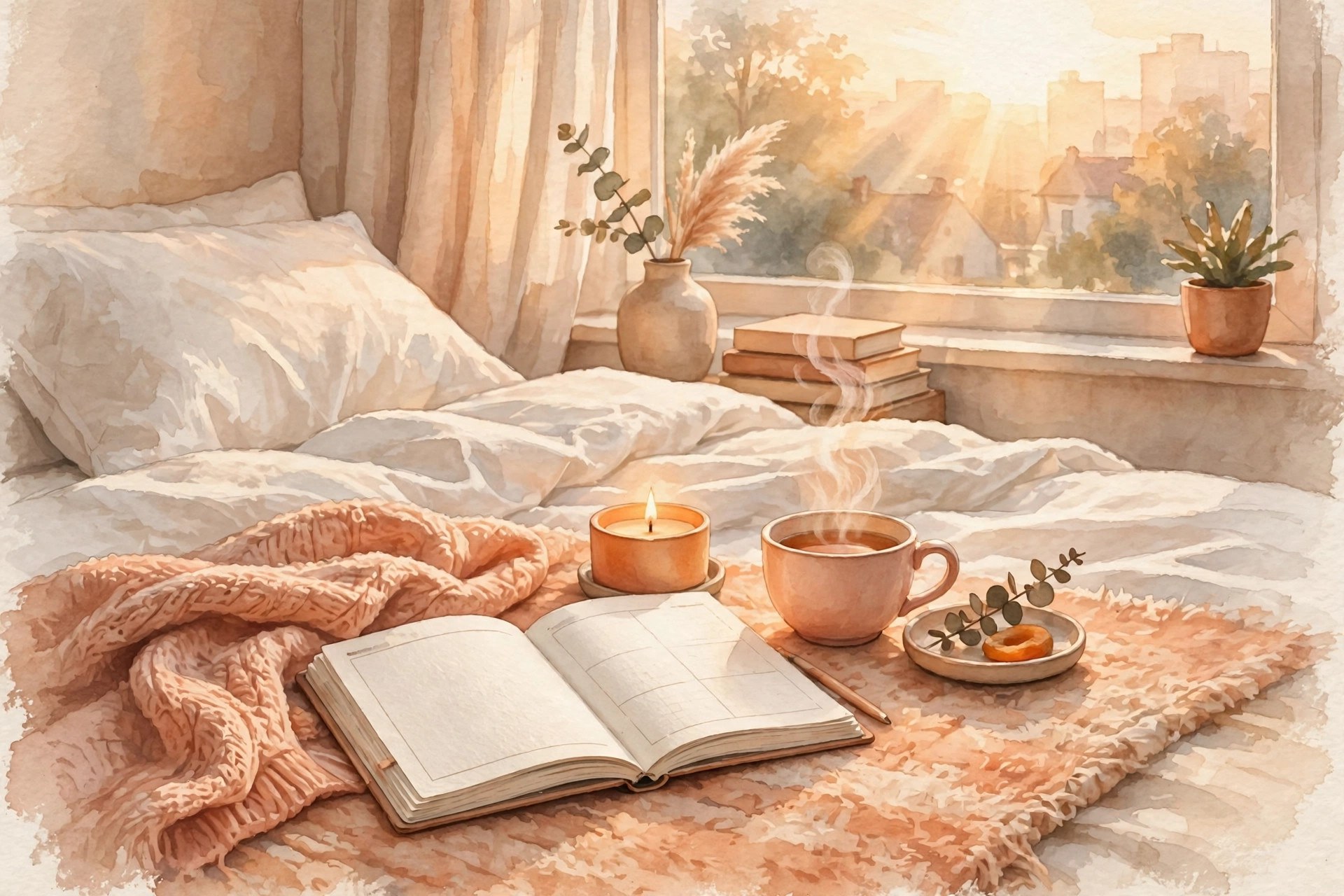 AI-generated illustration of a cozy Sunday reset: fresh sheets, a candle, tea, and a planner in warm light