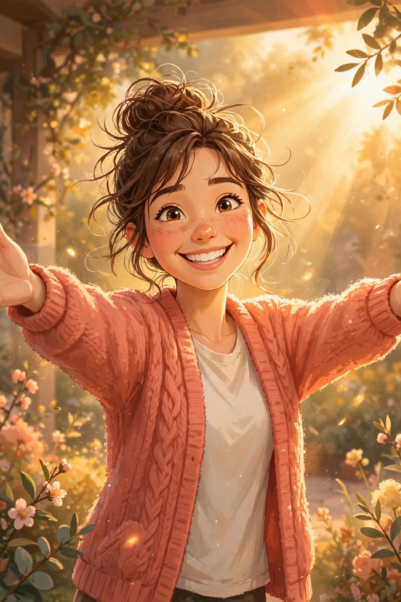 AI-generated illustration of Emma Lane smiling in warm morning sunlight, arms open in welcome