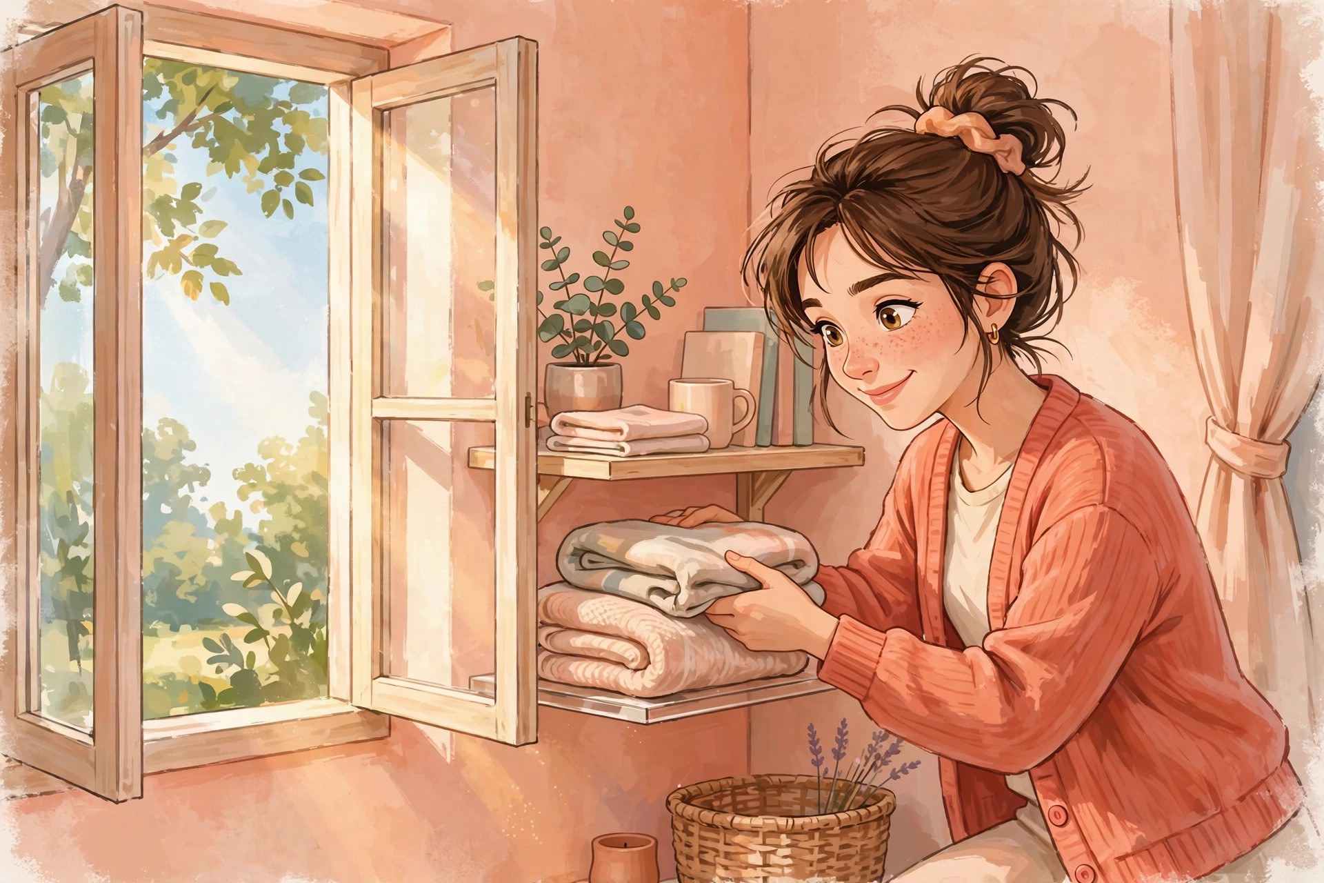 AI-generated illustration of Emma Lane tidying a bright cozy corner with an open window