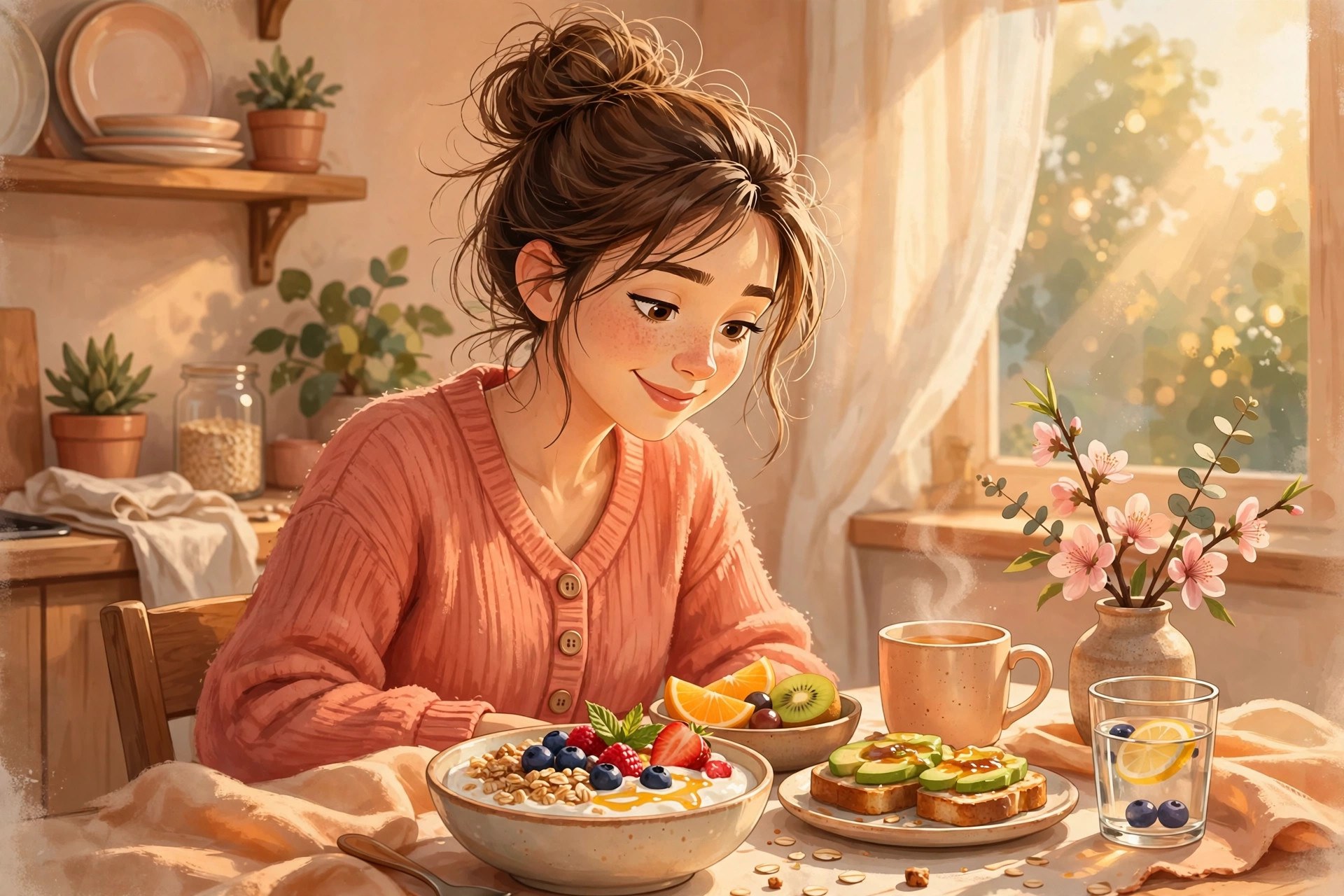 AI-generated illustration of Emma Lane enjoying a cheerful breakfast in warm morning light