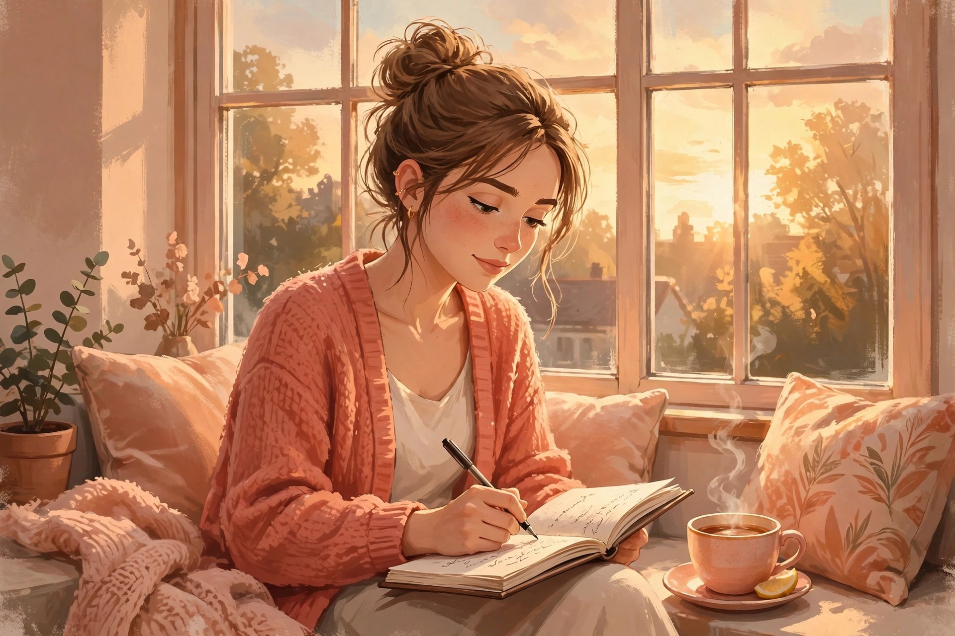 AI-generated illustration of Emma Lane journaling in a cozy window seat at golden hour