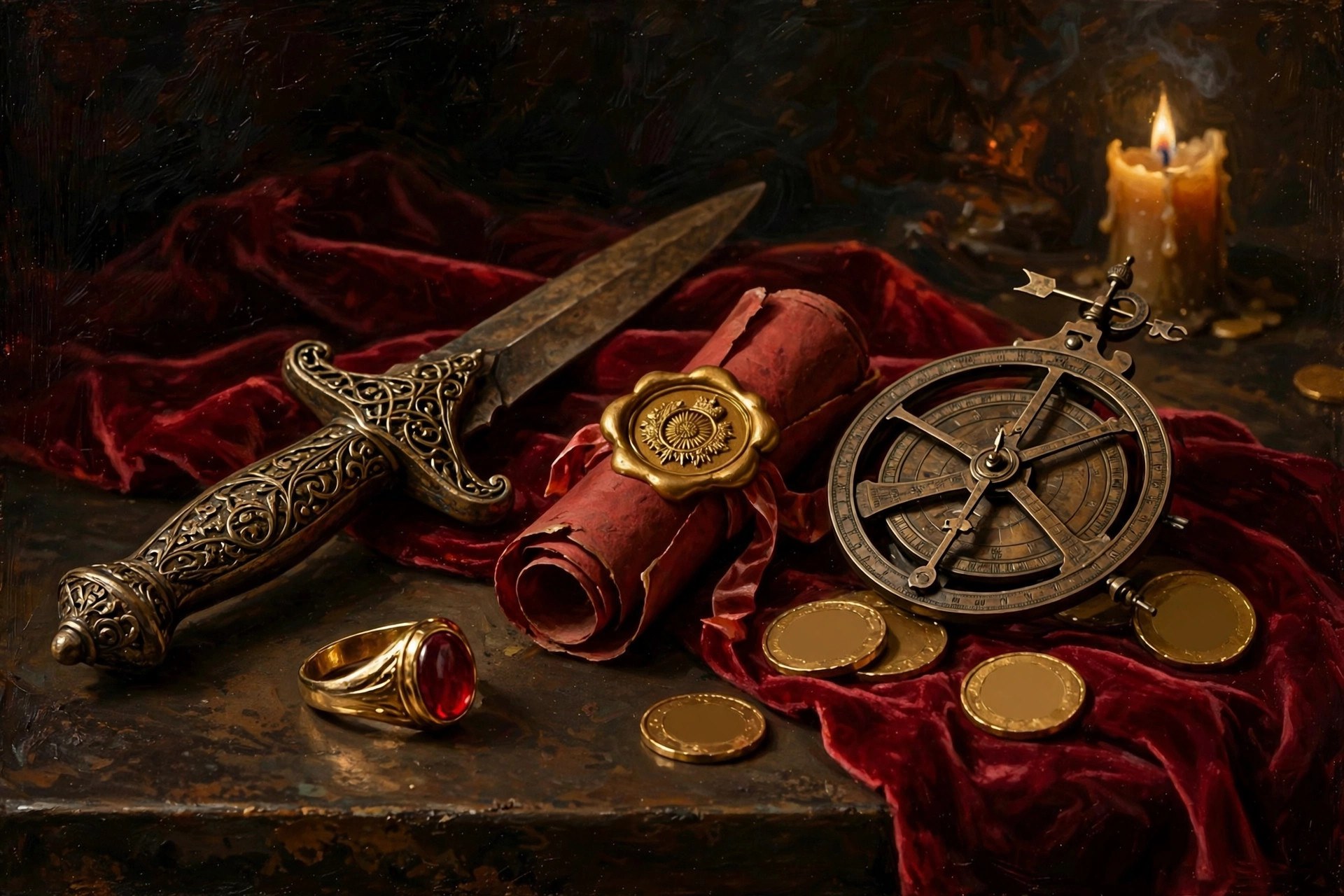 AI-generated dramatization art: imperial artifacts — signet ring, bronze dagger, sealed scroll, astrolabe — in candlelight