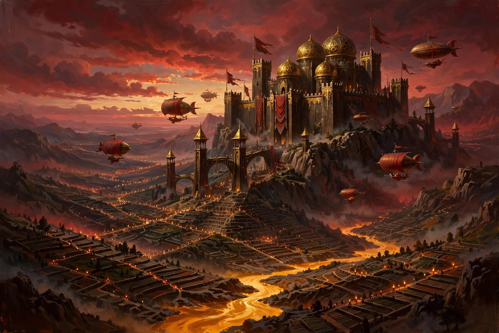 AI-generated dramatization art: the fictional Crimson Empire's bronze citadel at dusk