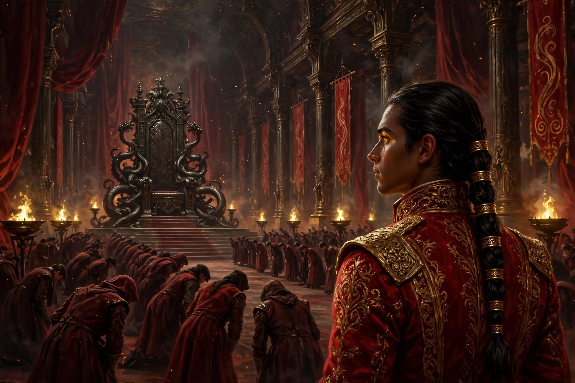 AI-generated dramatization art: the fictional prince felipe standing before the dark-bronze Ember Throne in a crimson-draped court hall