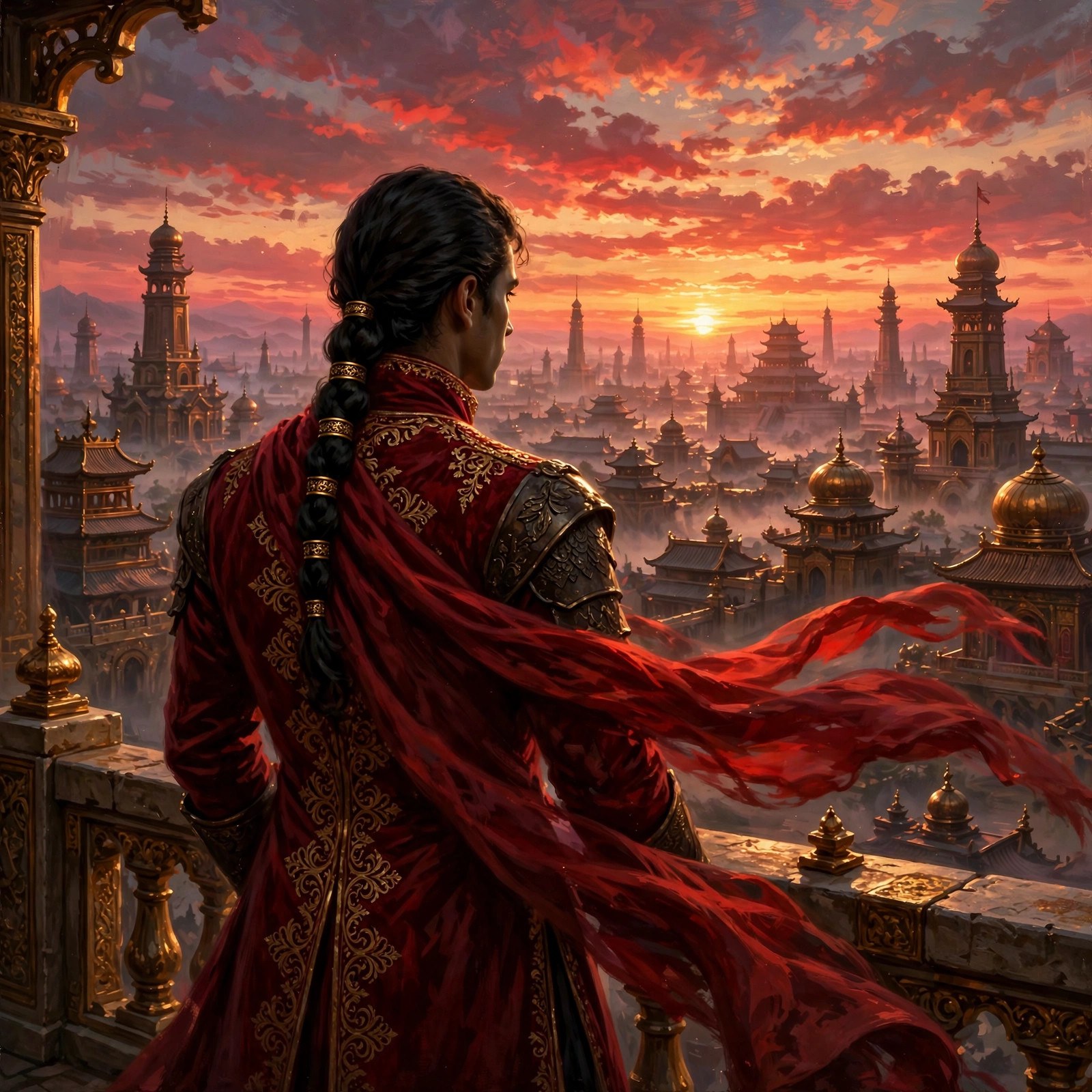 Crimson dawn — felipe overlooking the capital — AI-generated dramatization art
