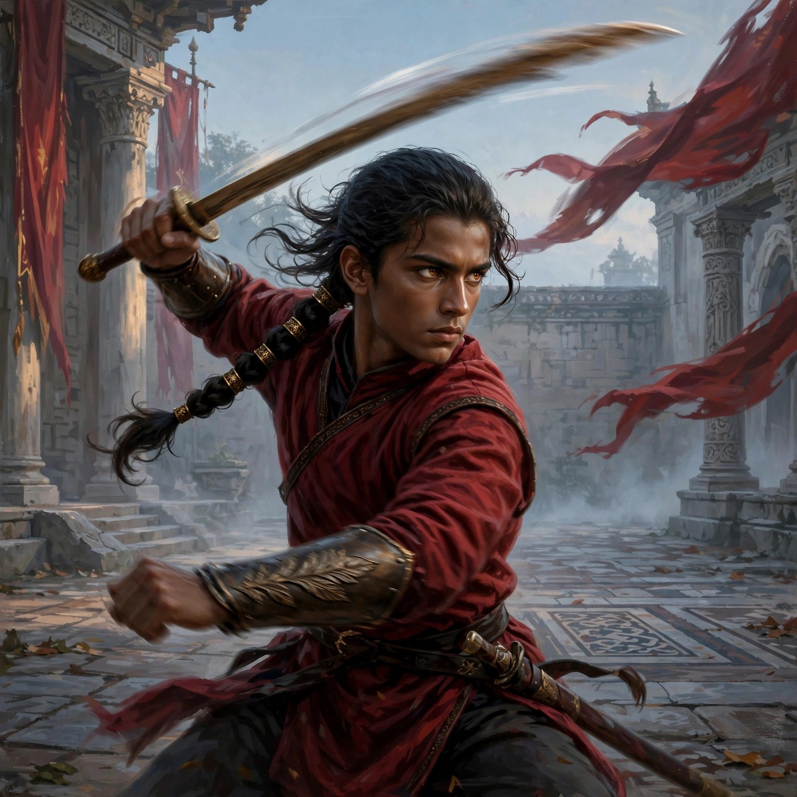 The sparring yard — practice at dawn — AI-generated dramatization art