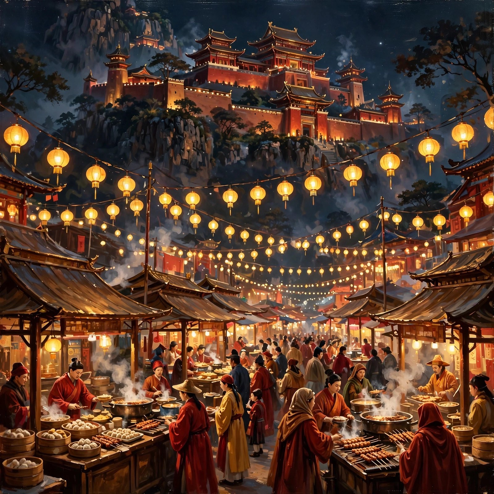 The night market — lanterns and street food — AI-generated dramatization art