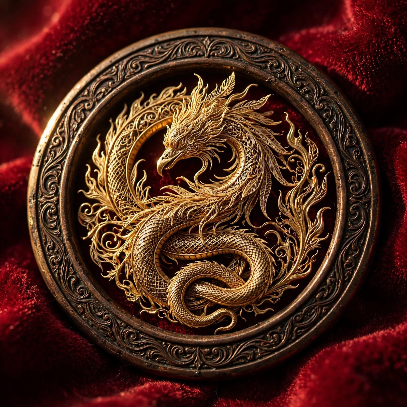 Filigree frame — crest medallion close-up — AI-generated dramatization art