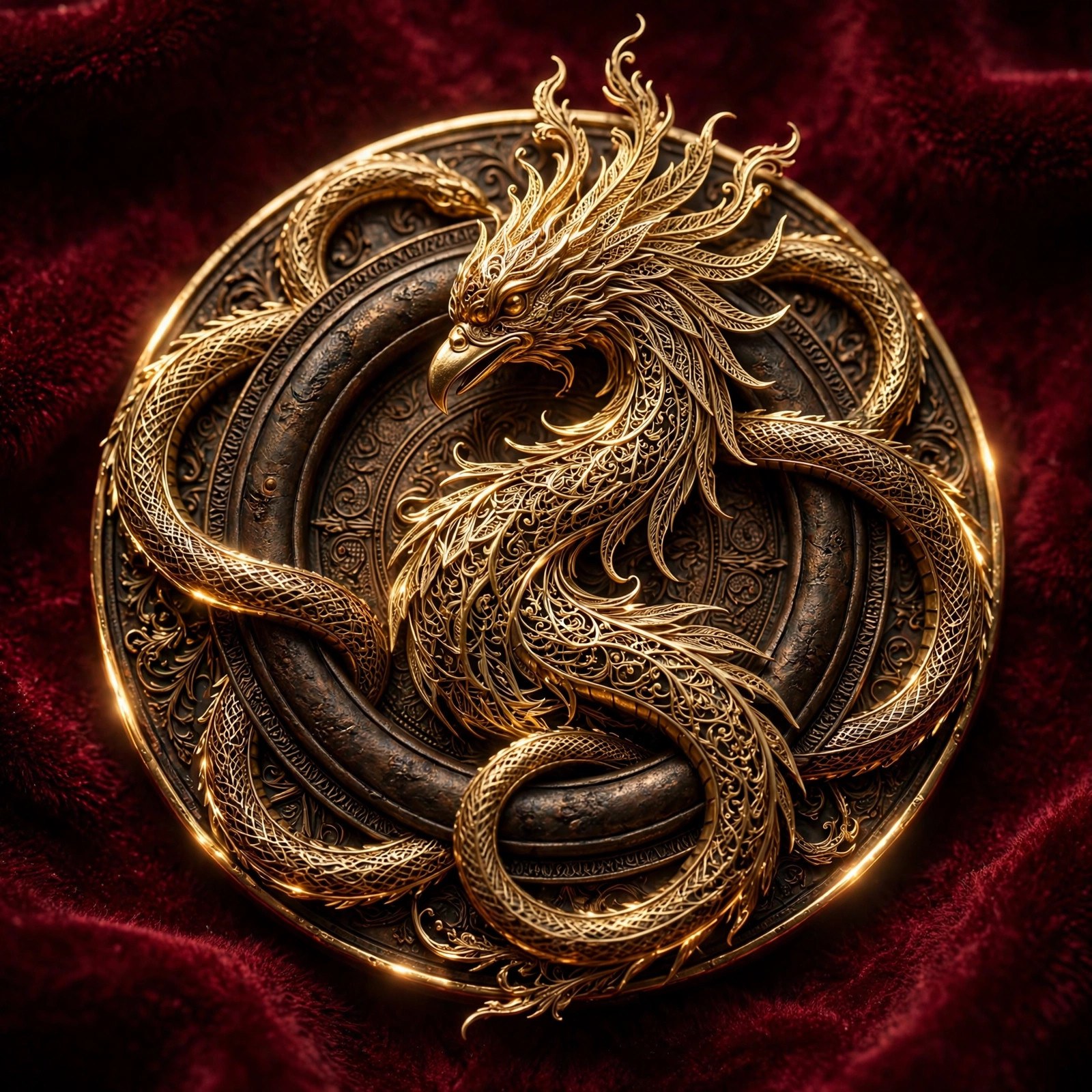 AI-generated dramatization art: gold filigree imperial sigil on crimson velvet