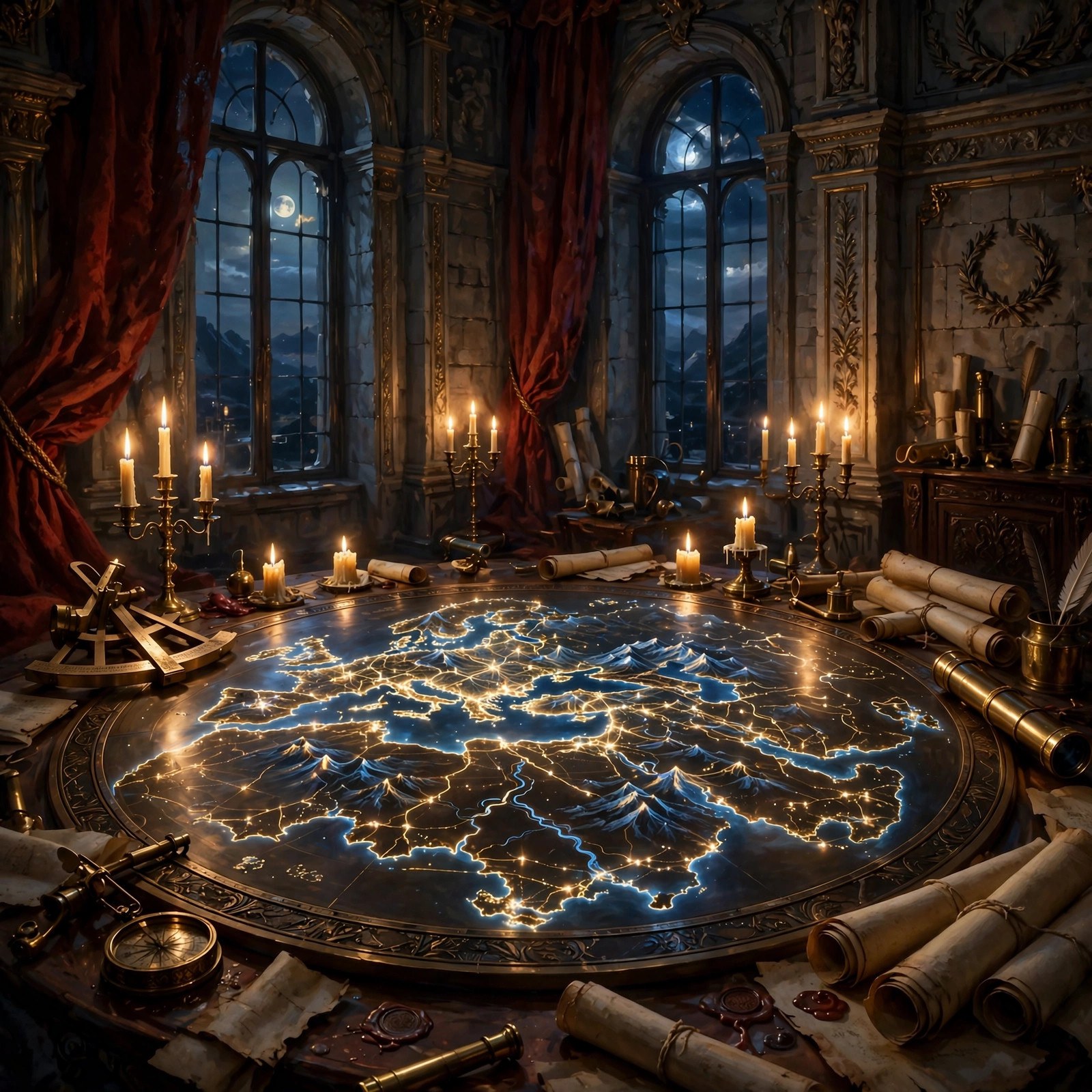 The Map Room — the bronze map table — AI-generated dramatization art