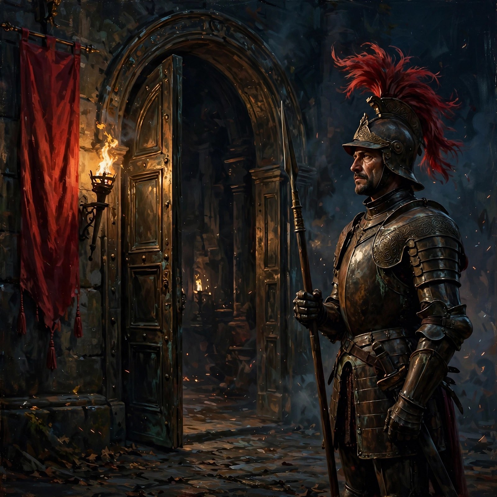 The sentinel — guard of the Kitchens' Door — AI-generated dramatization art