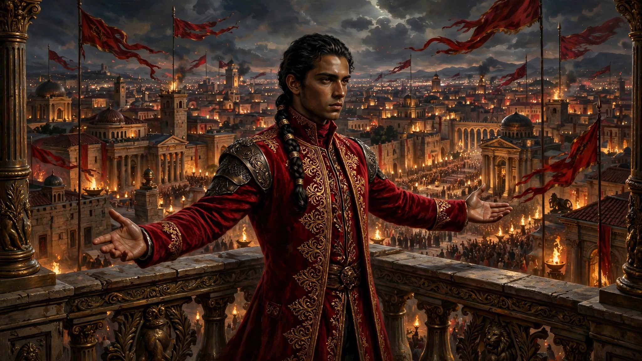 AI-generated dramatization art: felipe on a bronze balcony overlooking the torch-lit imperial city at night